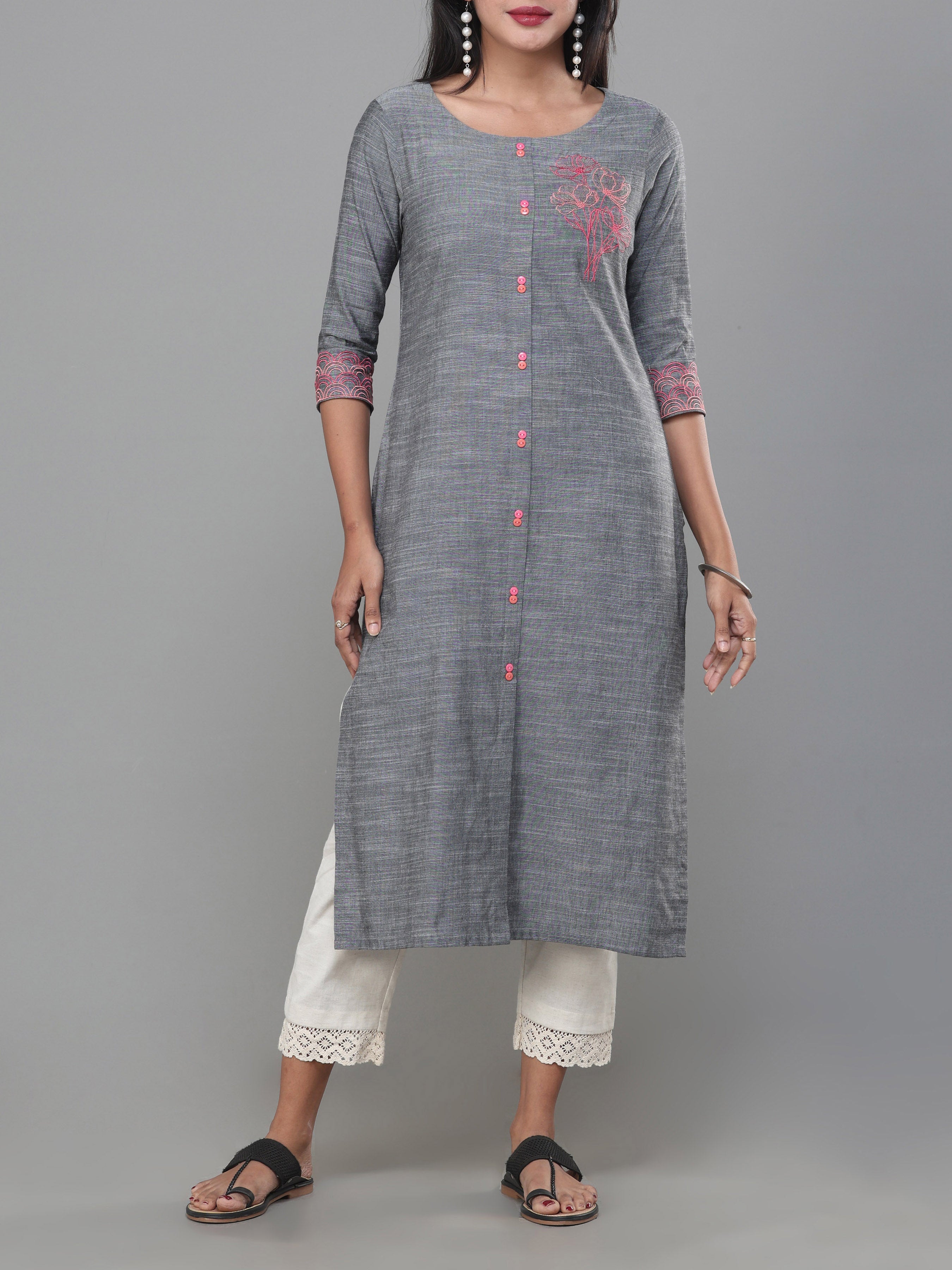 Grey Viscose Cotton Slub Kurti With Embroidery