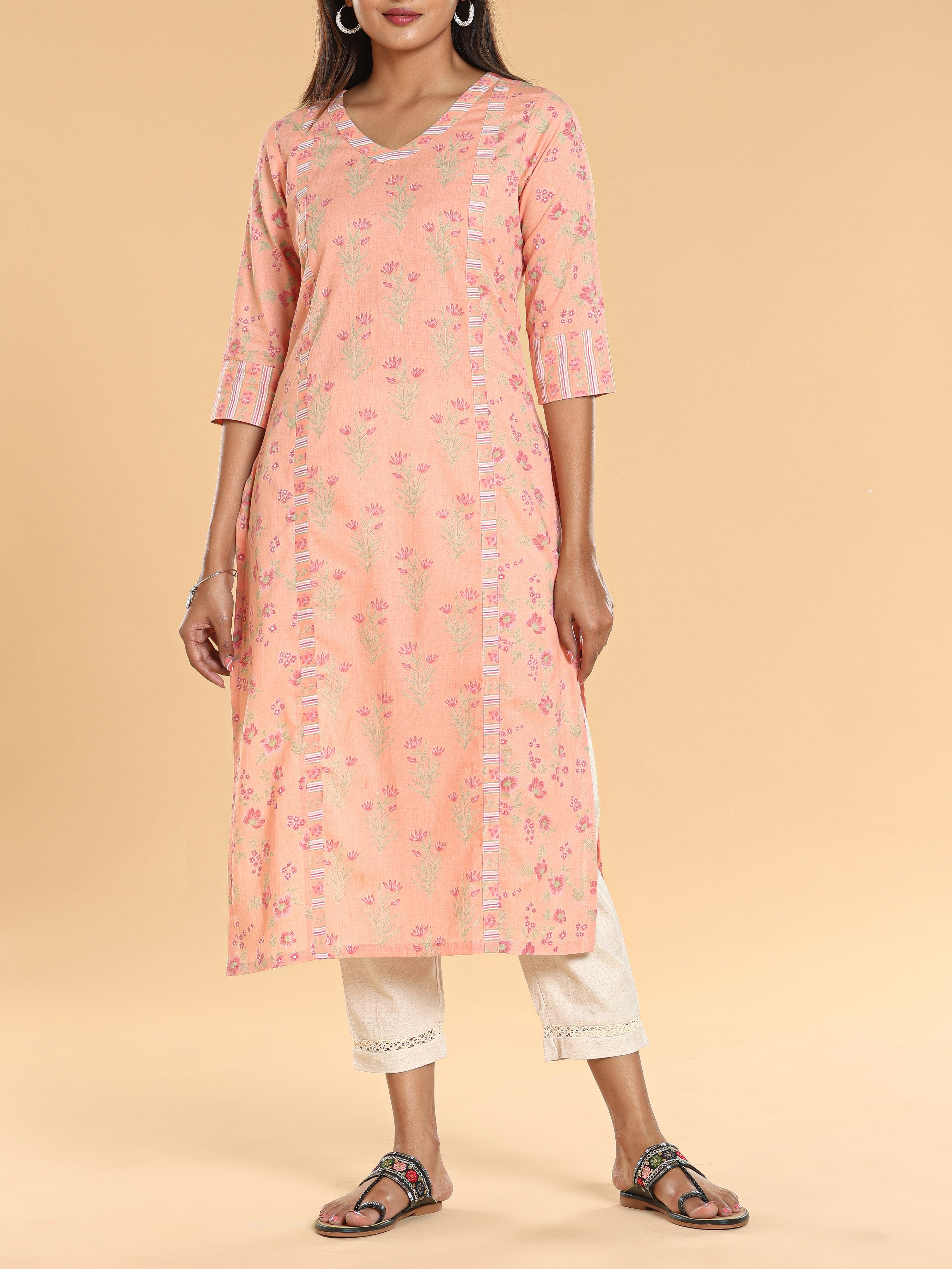 Peach Pure Cotton Printed Kurti With Panel Cut