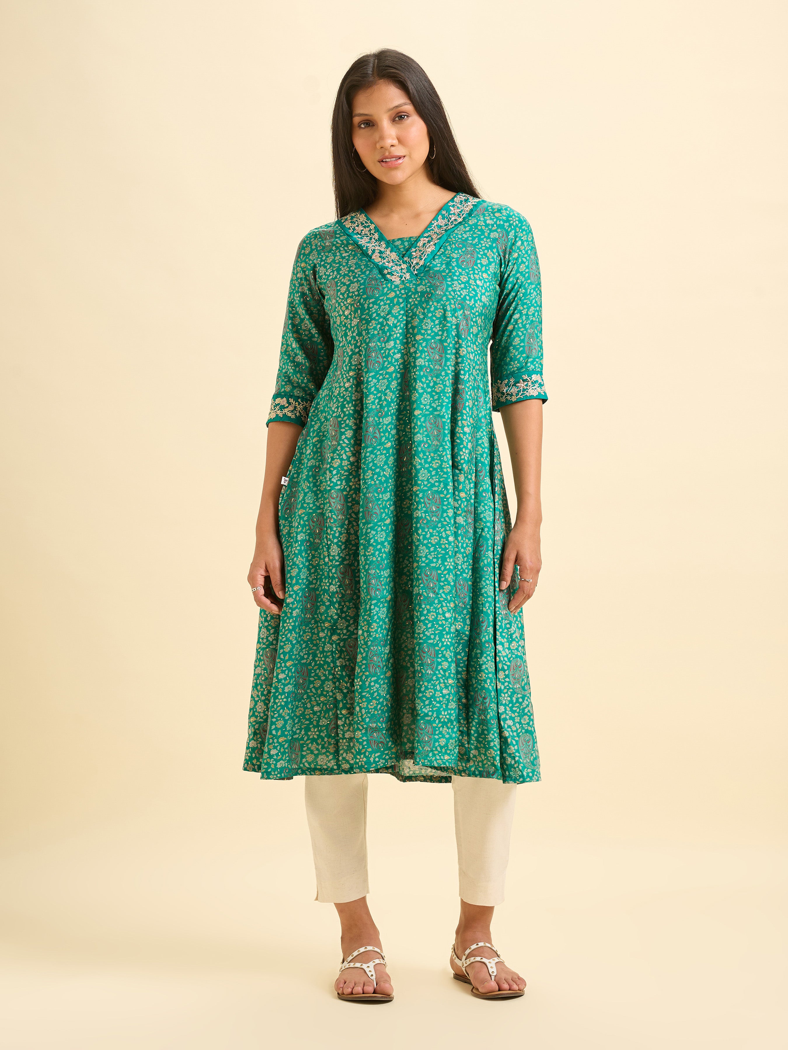 Rama Green Modal Chanderi Kali Cut Printed Kurti With Embroidery