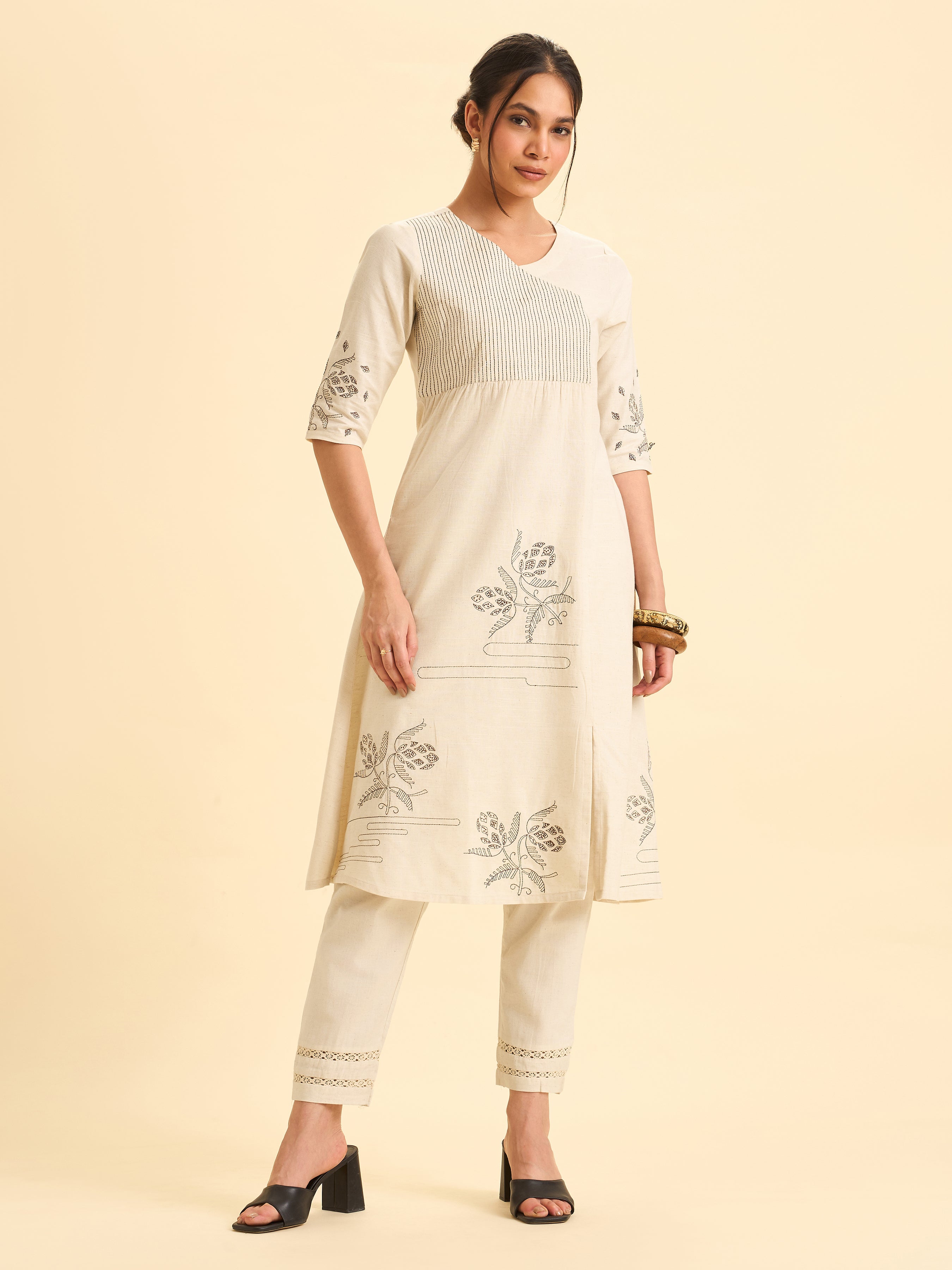 Ivory Cotton Flax Slub Embroideriy Kurti With Panelcut And Gathers
