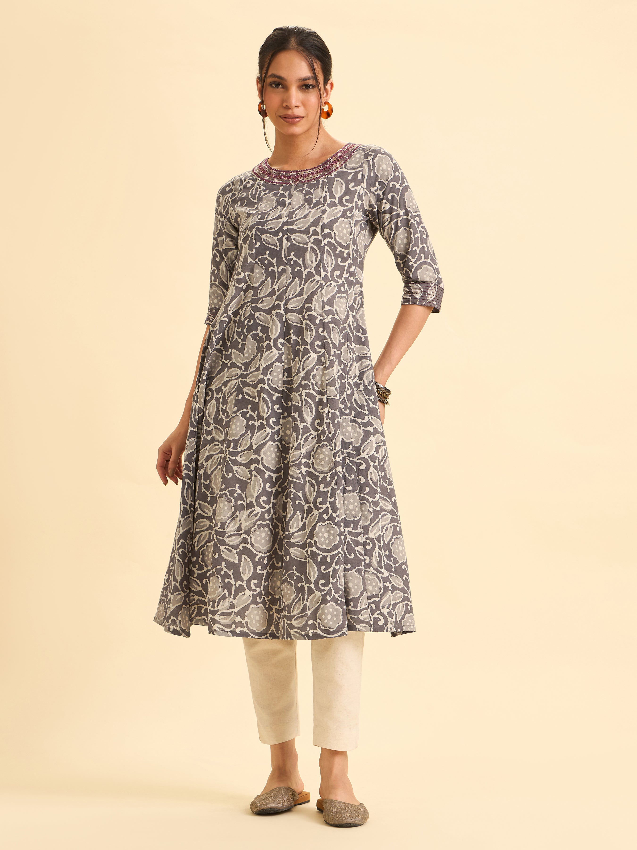 Gray And Ivory Pure Cotton Printed Flared Kalicut kurti With Embroidery And Sequins Work