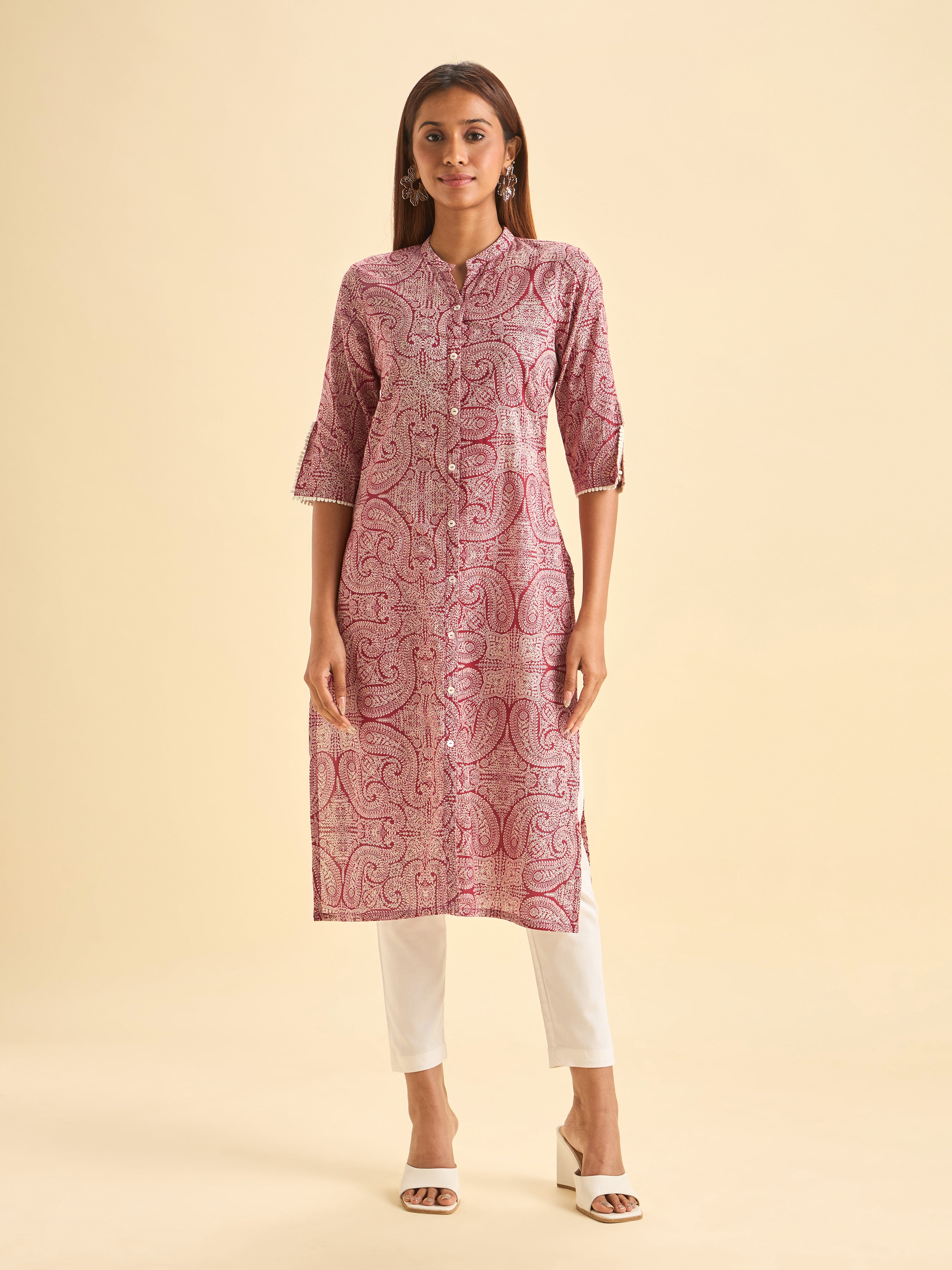 Red White Pure Cotton Printed Center Cut Kurti With Embroidery