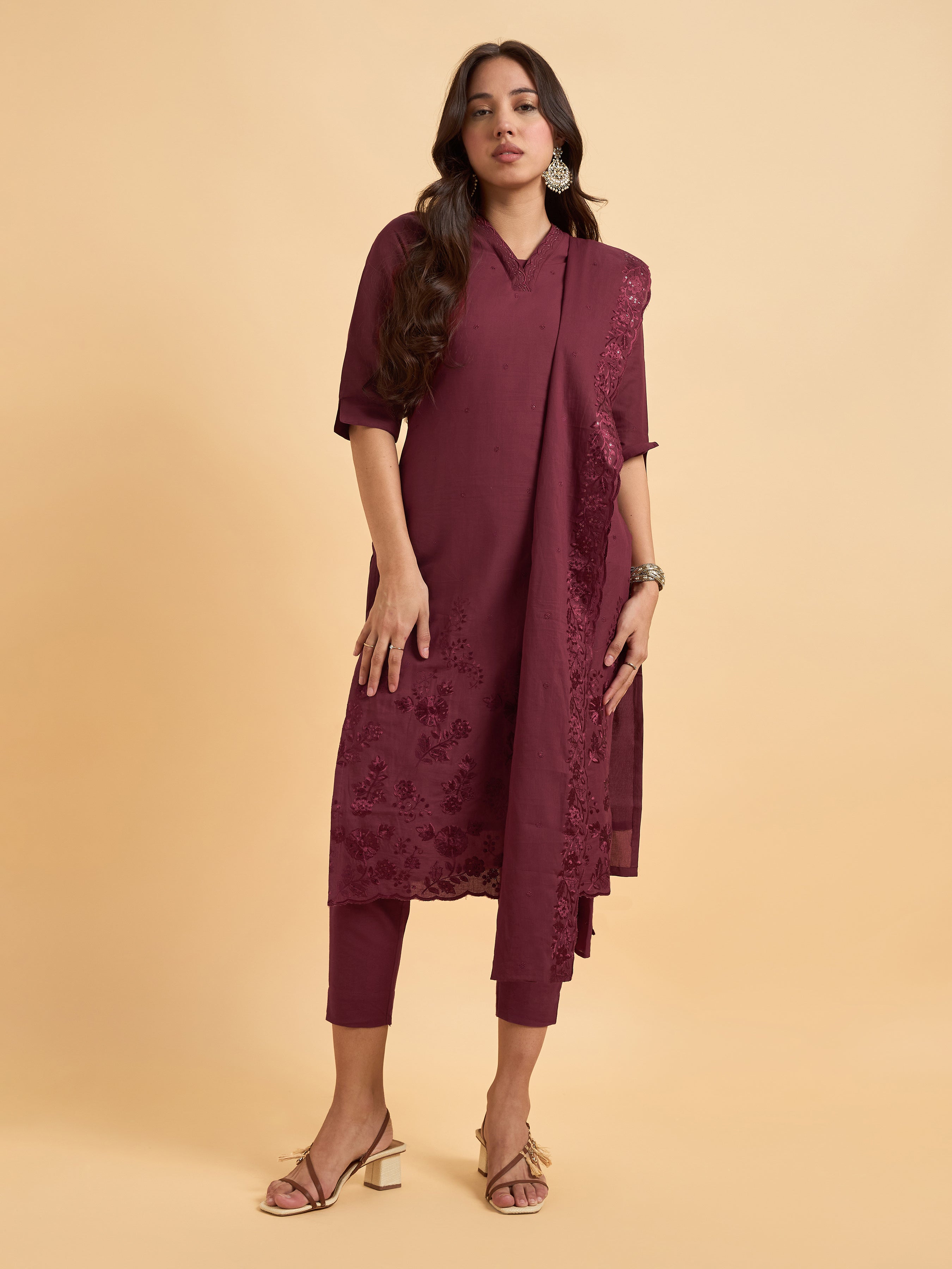 Maroon Pure Cotton Kurti Set With Dupatta And Hand Work Embroidery