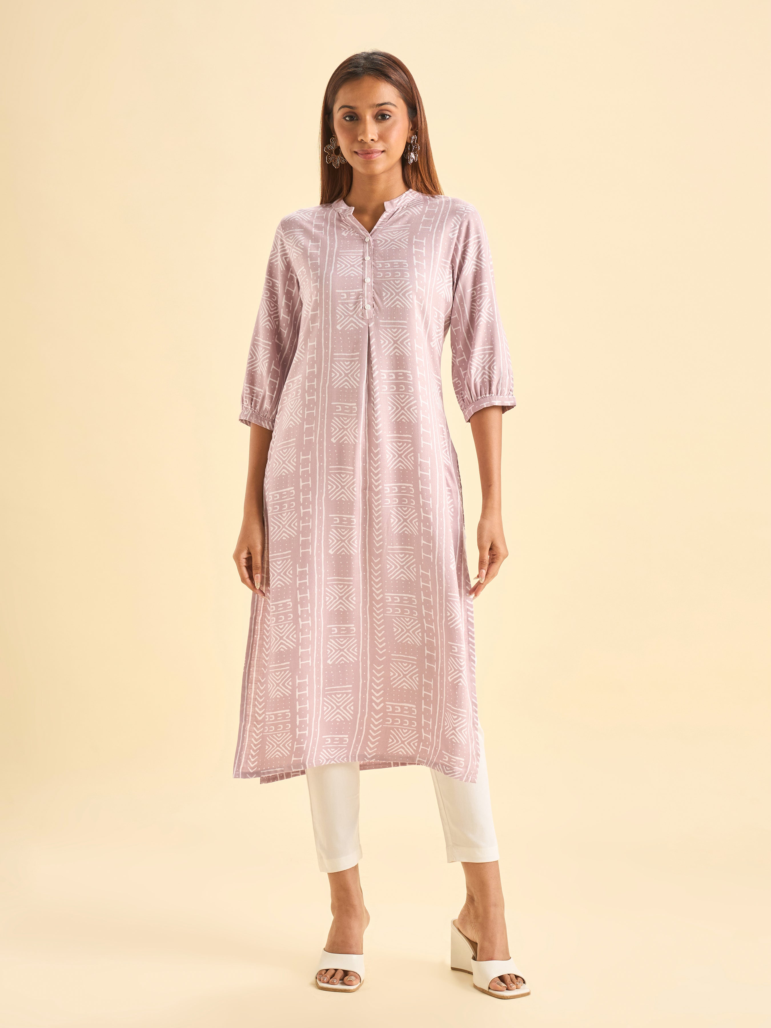 Onion Pink And Ivory Tencel Print Slited Kurti With Box Pleat