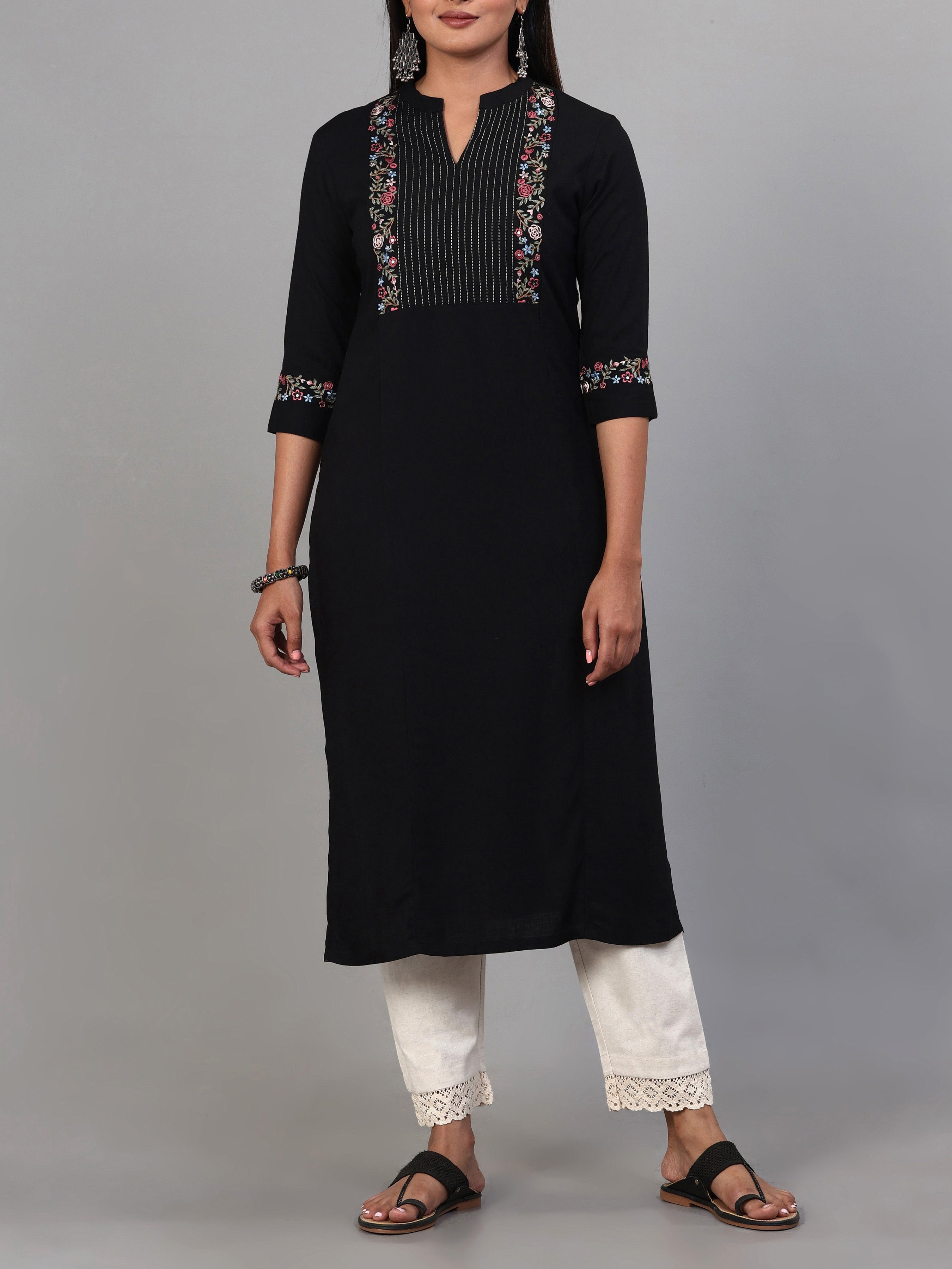 Black Viscose Slub Kurti With Sequins Work