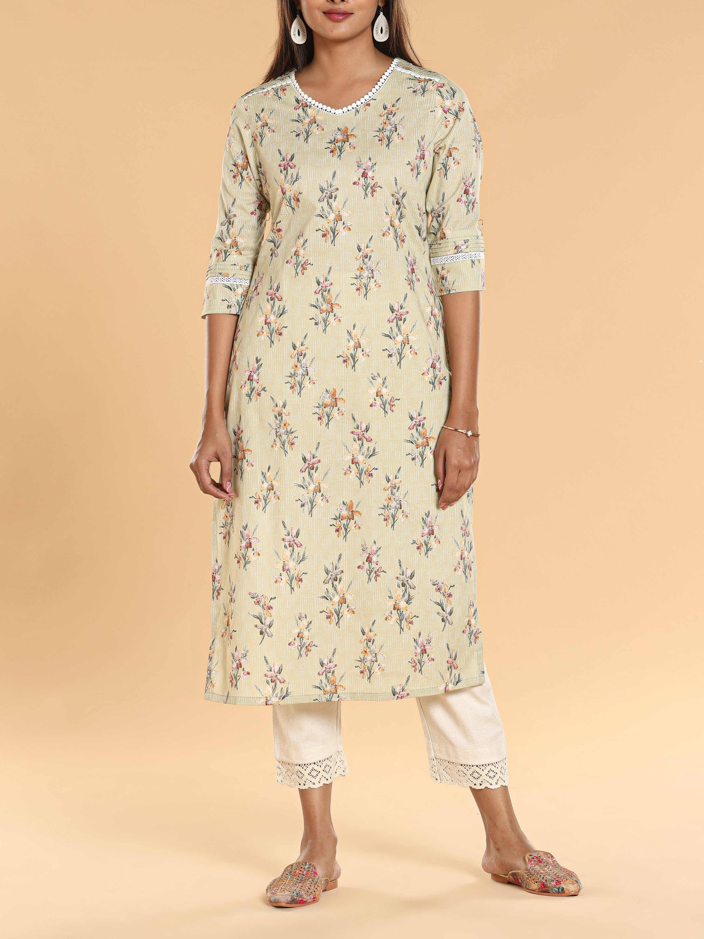 Pale Green Pure Cotton Kurti With Lace Detailing