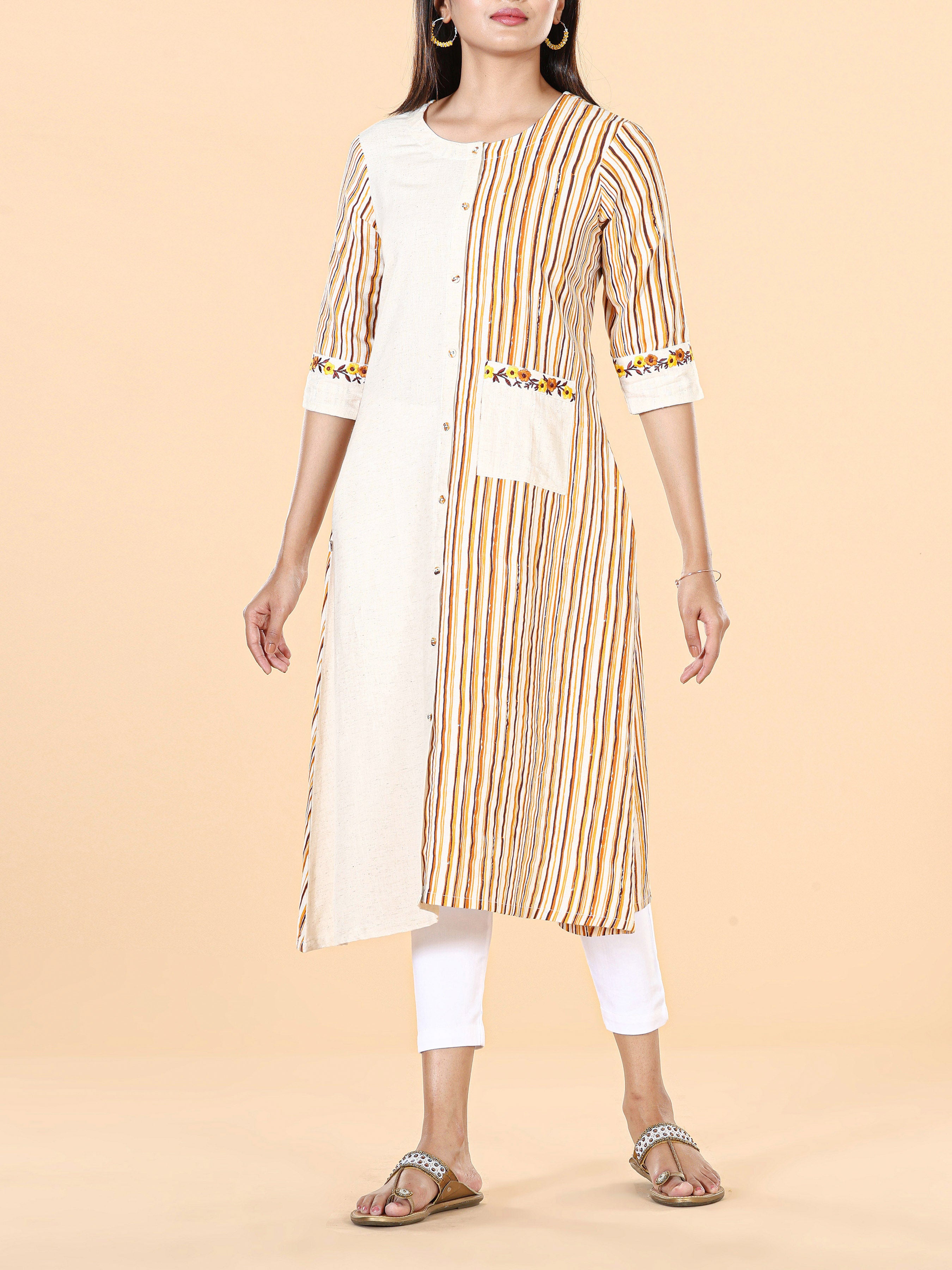 Multi-Color Cotton Flax Printed Kurti With Embroidery