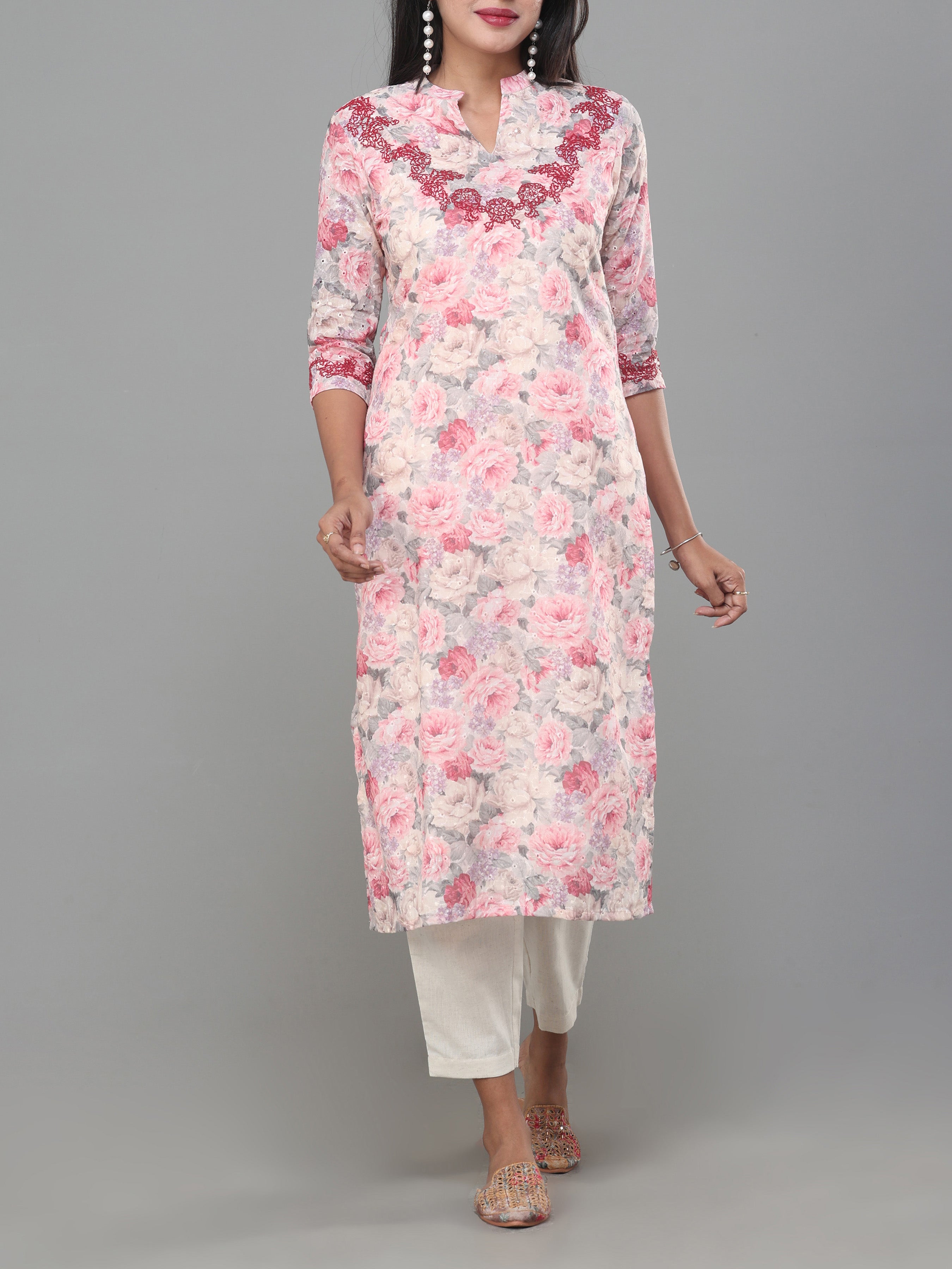 Multi Colour Cotton Schiffeli Printed Kurti With Embroidery And Matching Bottom