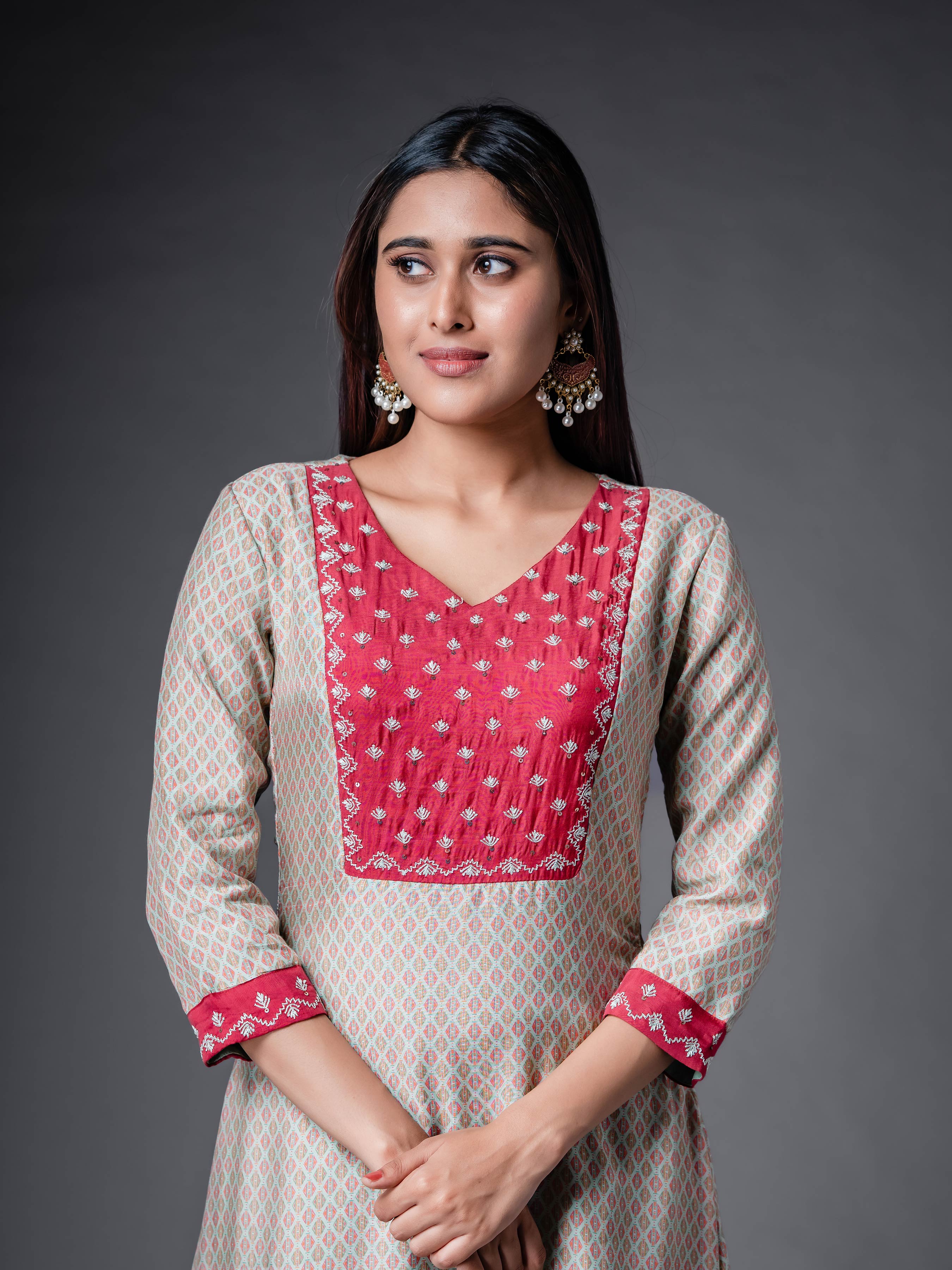 Beige Muslin Silk Kurti With Print And Hand Work