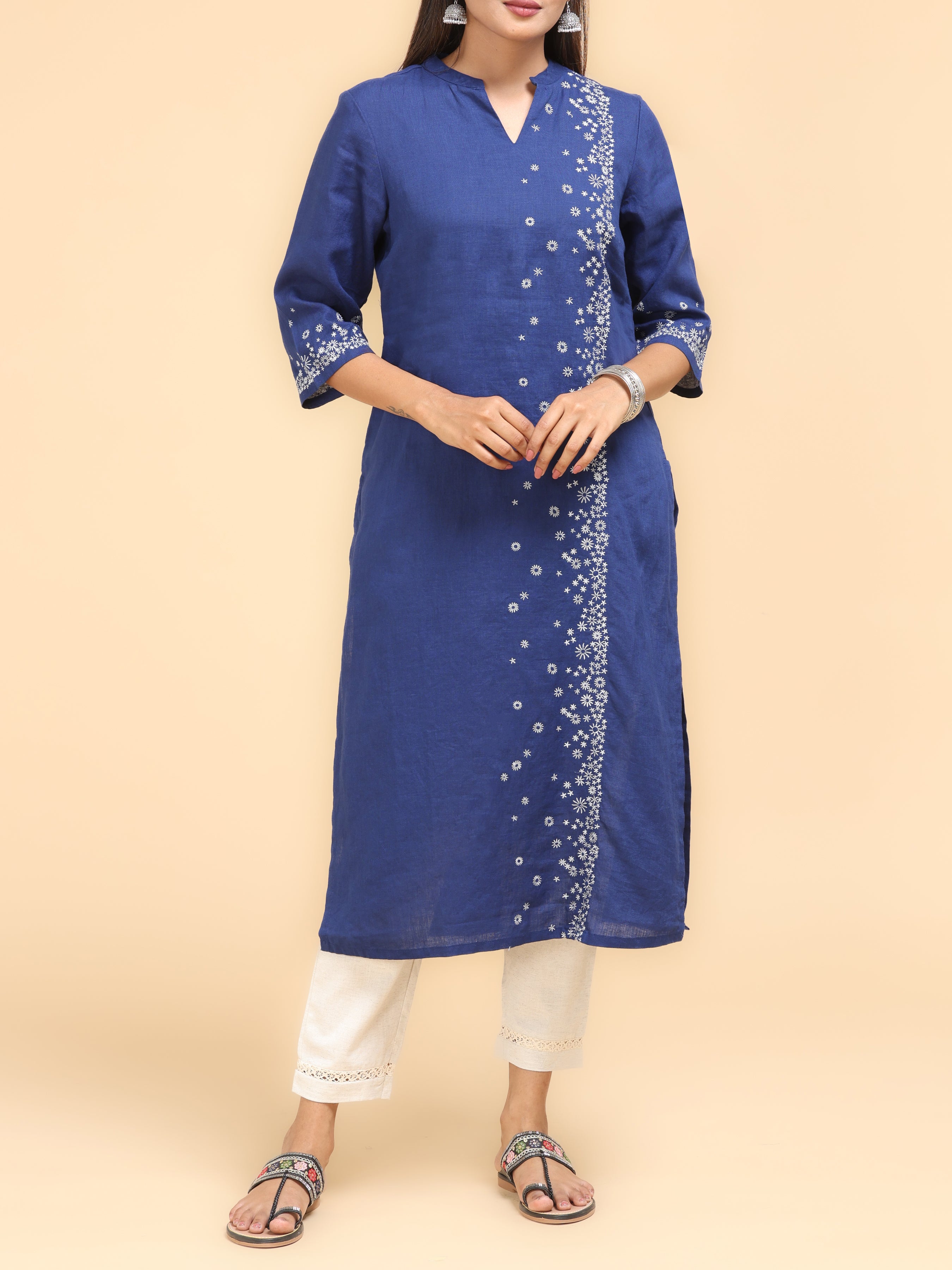 Royal Blue Cotton Linen Kurti With Embroidery