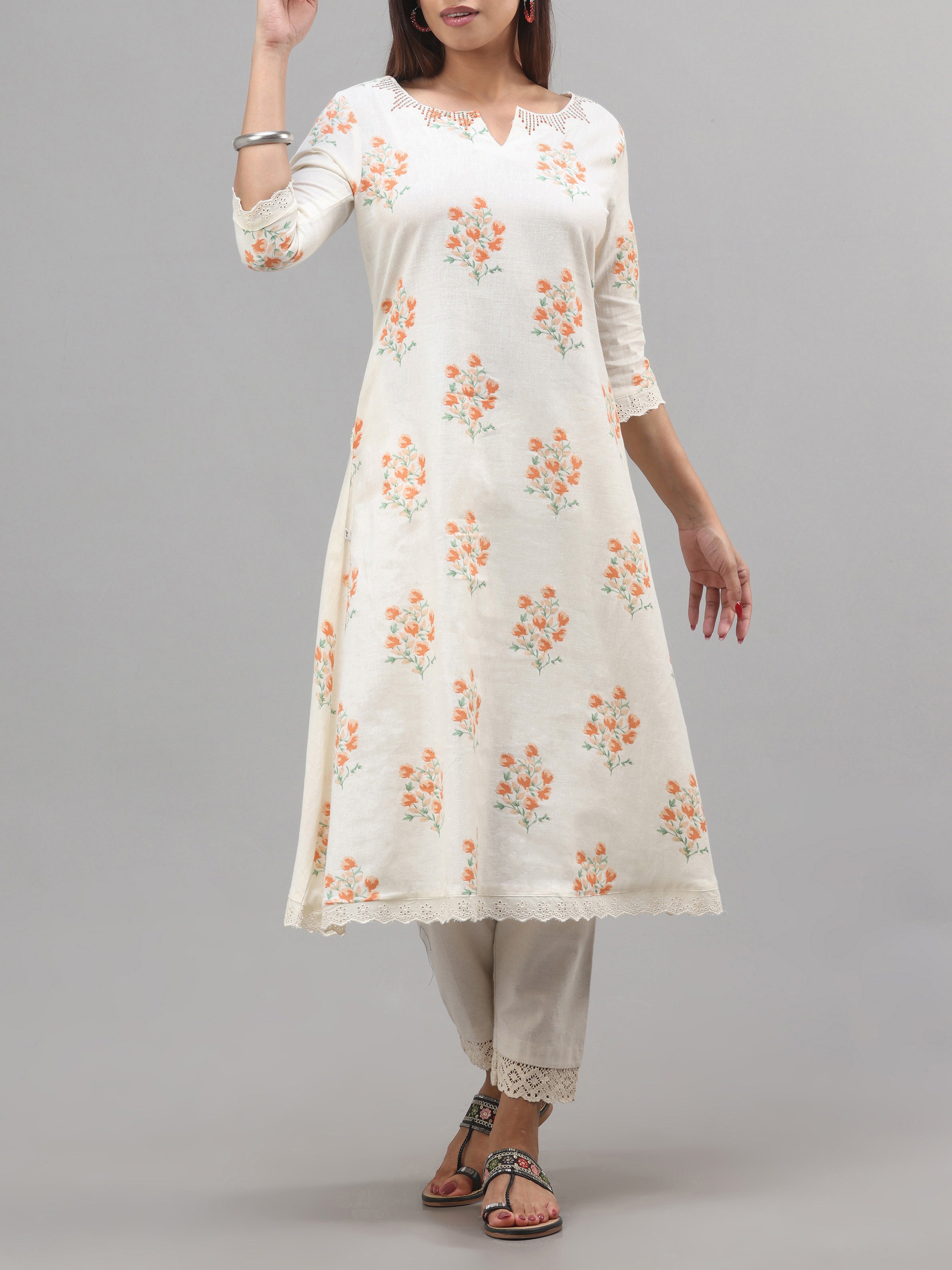 Ivory Colour Cotton Flax Printed Kurti With Embroidery