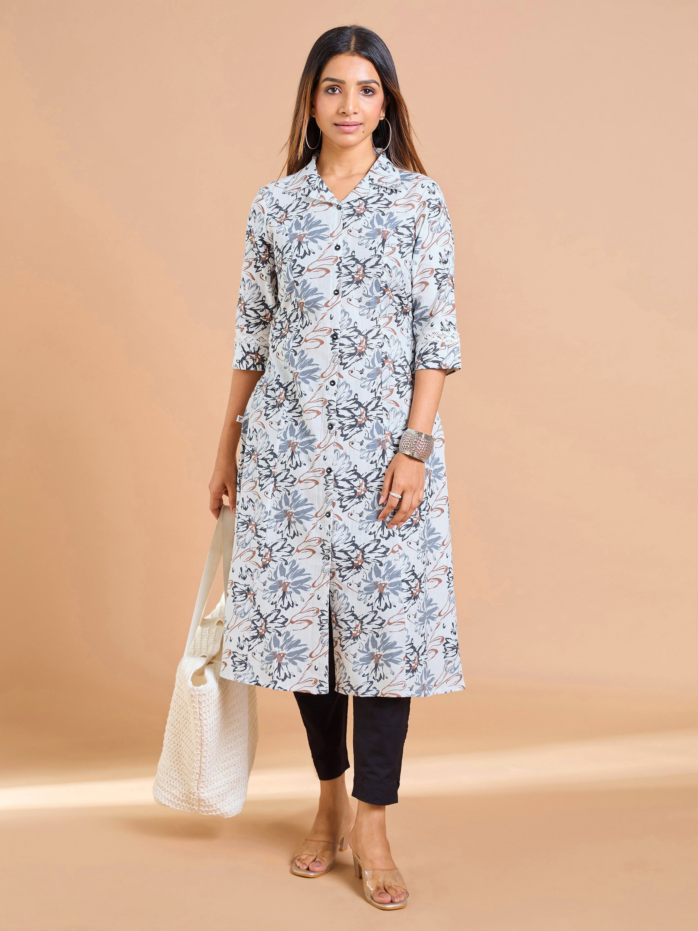 Black And White Cotton Flax Printed Kurti
