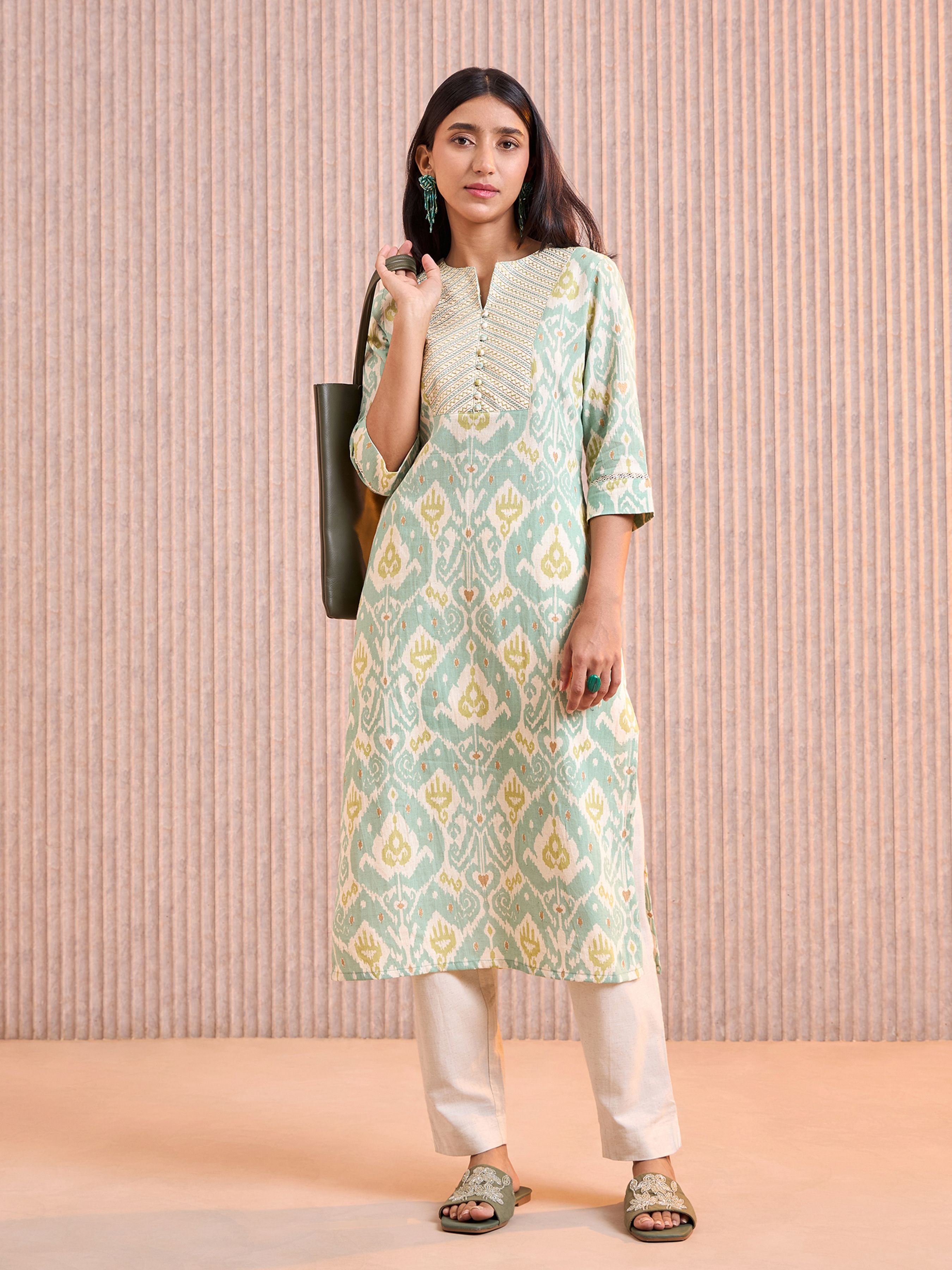 Aqua Green Cotton Flax Printed Kurti With Lace & Embroidery