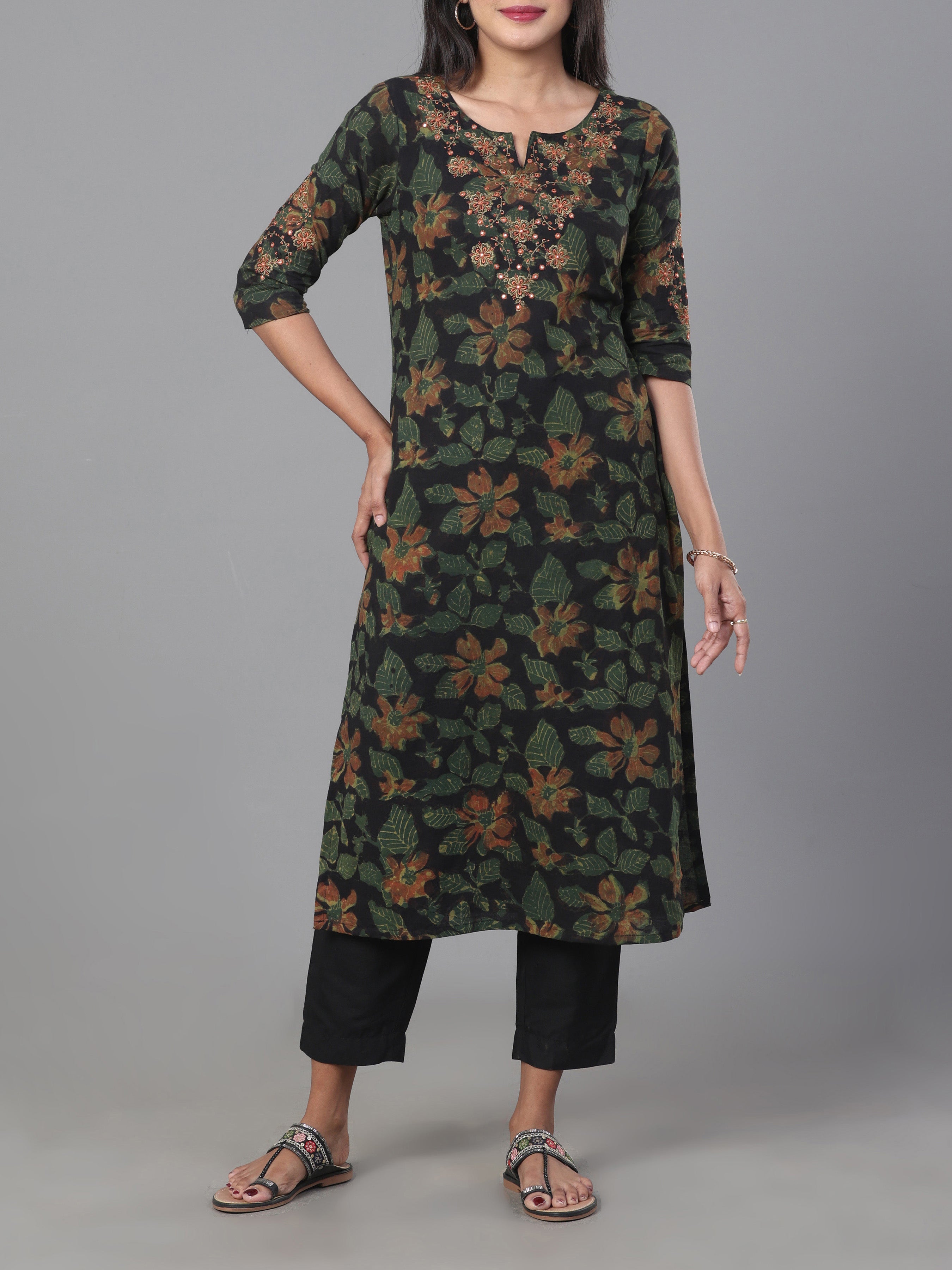 Black Pure Cotton Printed Kurti With Embroidery