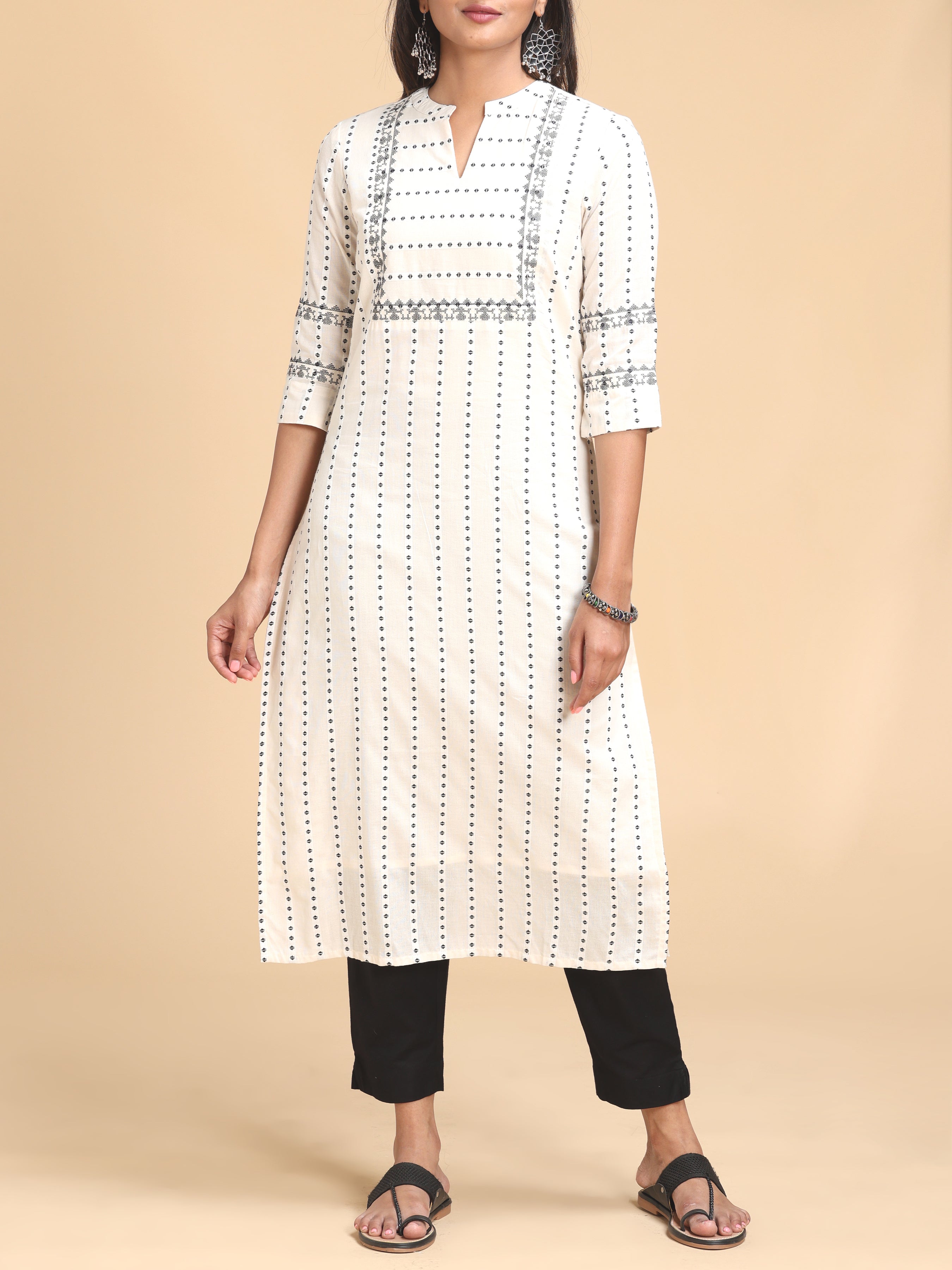 White Handloom Cotton Weaving Kurti With Embroidery