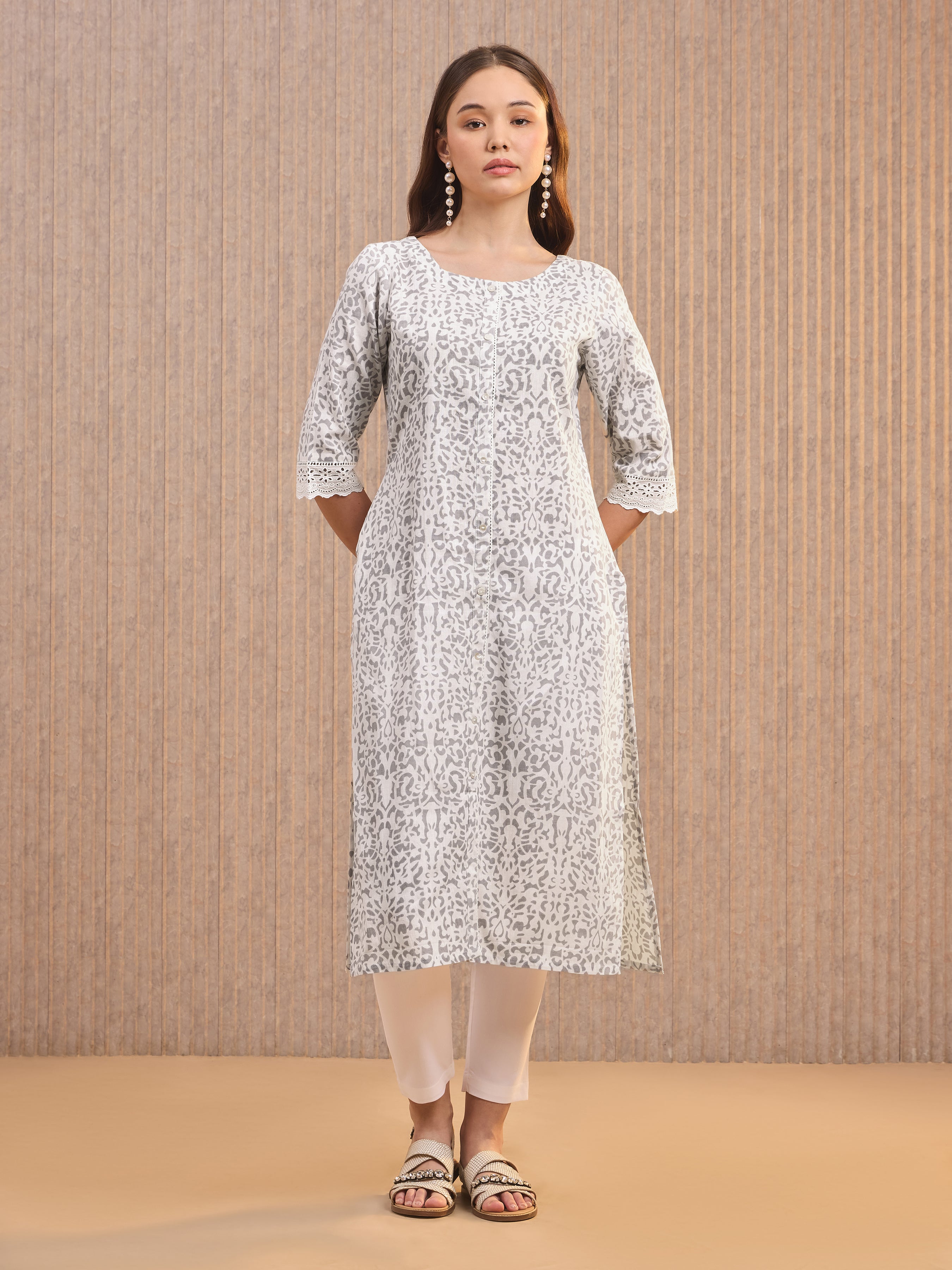 White Cotton Flax Printed Kurti With Lace Detailing