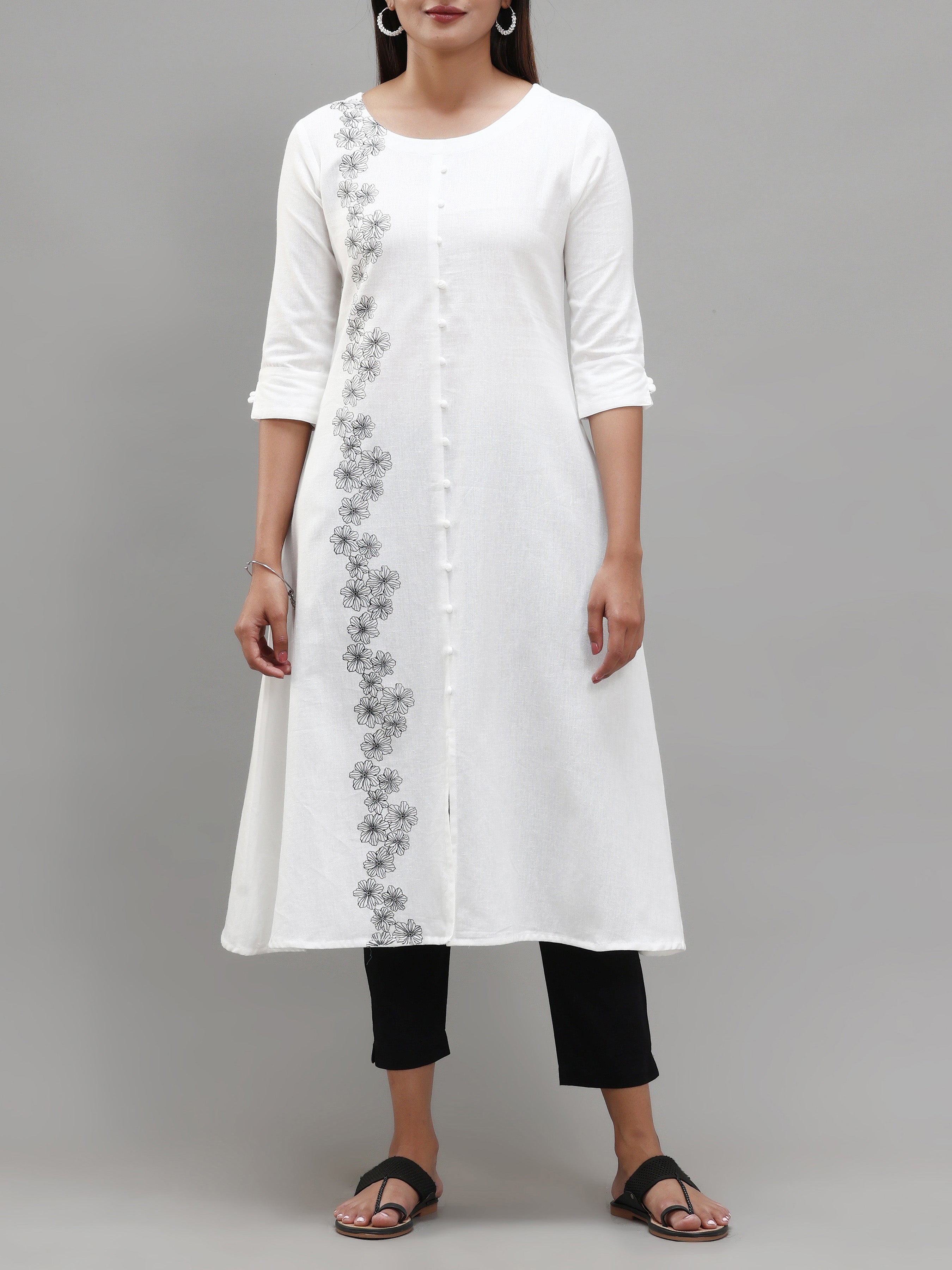 White Cotton Flax Printed Kurti With Center Cut