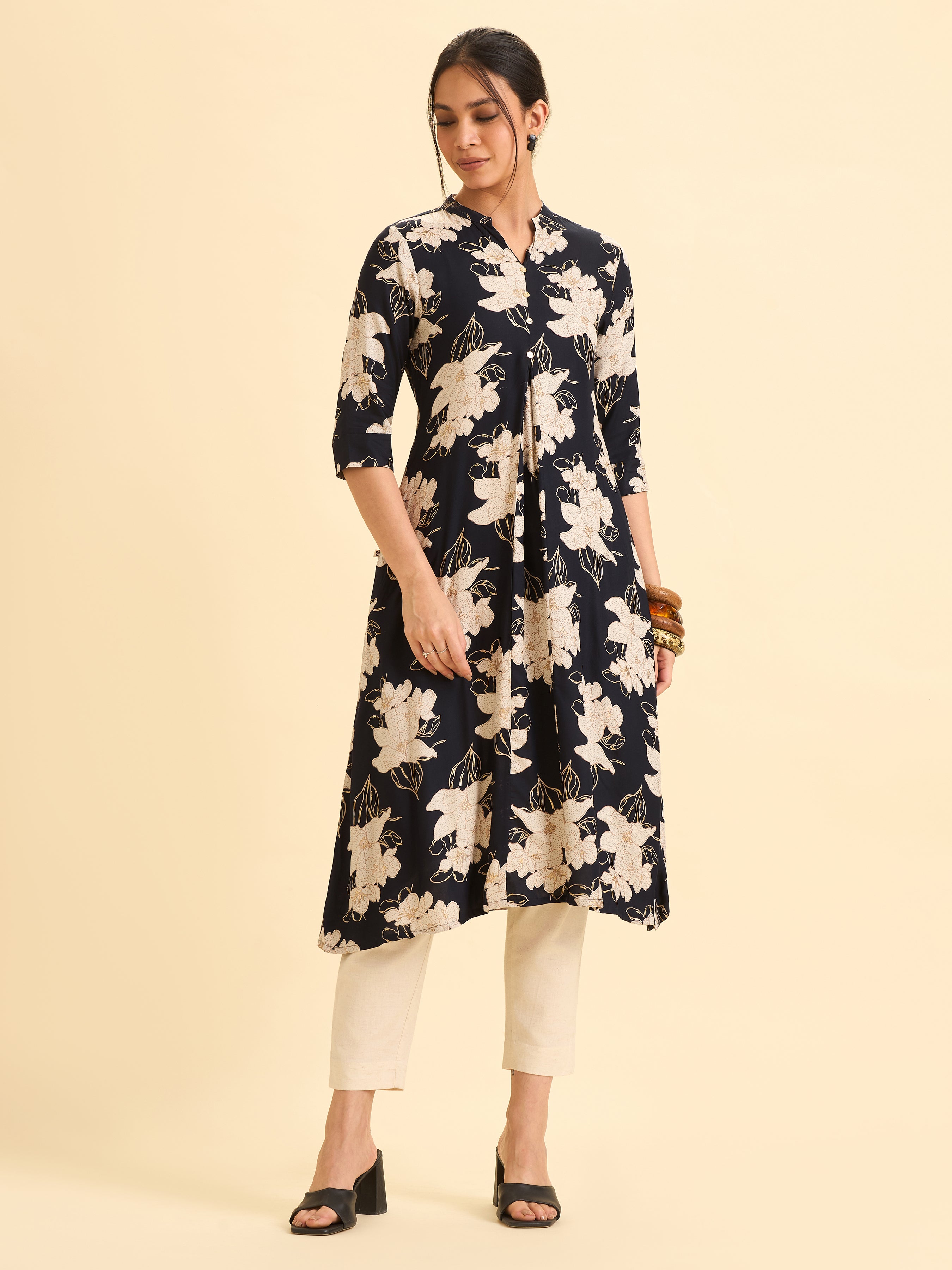 Navy Blue And Ivory Viscose Printed Flared Angrakha Kurti