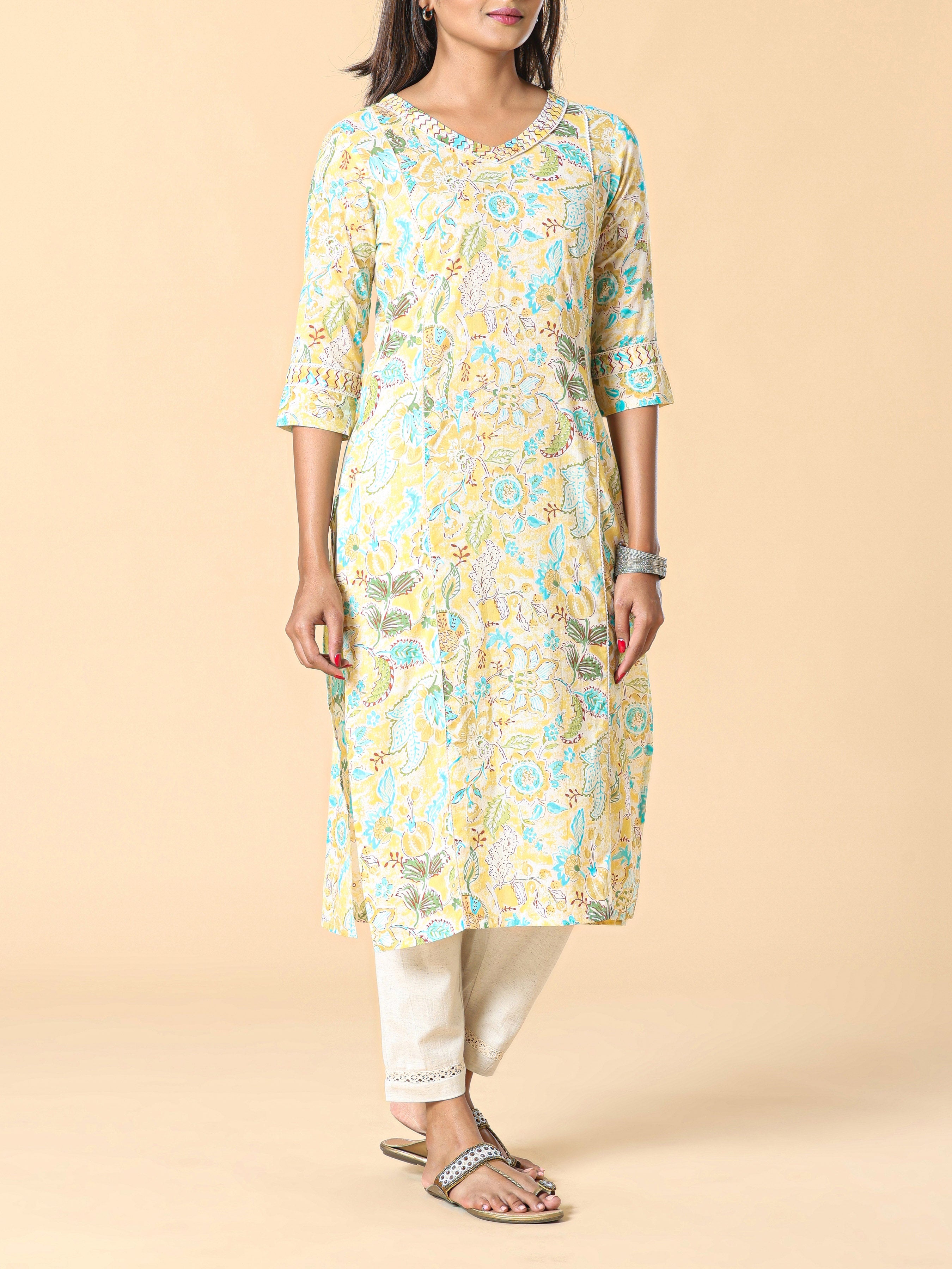 Marigold Yellow Pure Cotton Printed Kurti With Embroidery