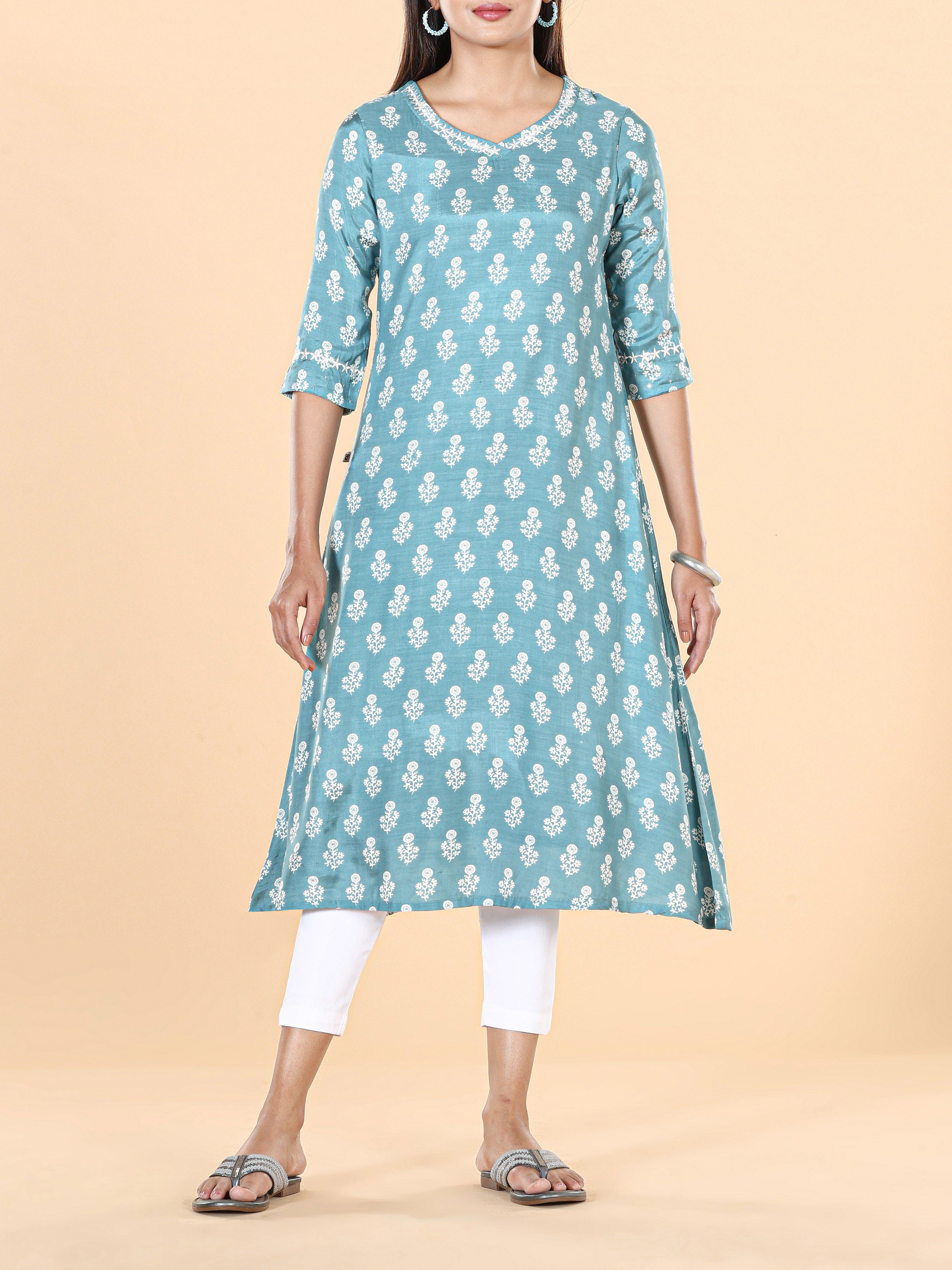 Light Blue Muslin Printed Kurti With Embroidery And Sequins Work