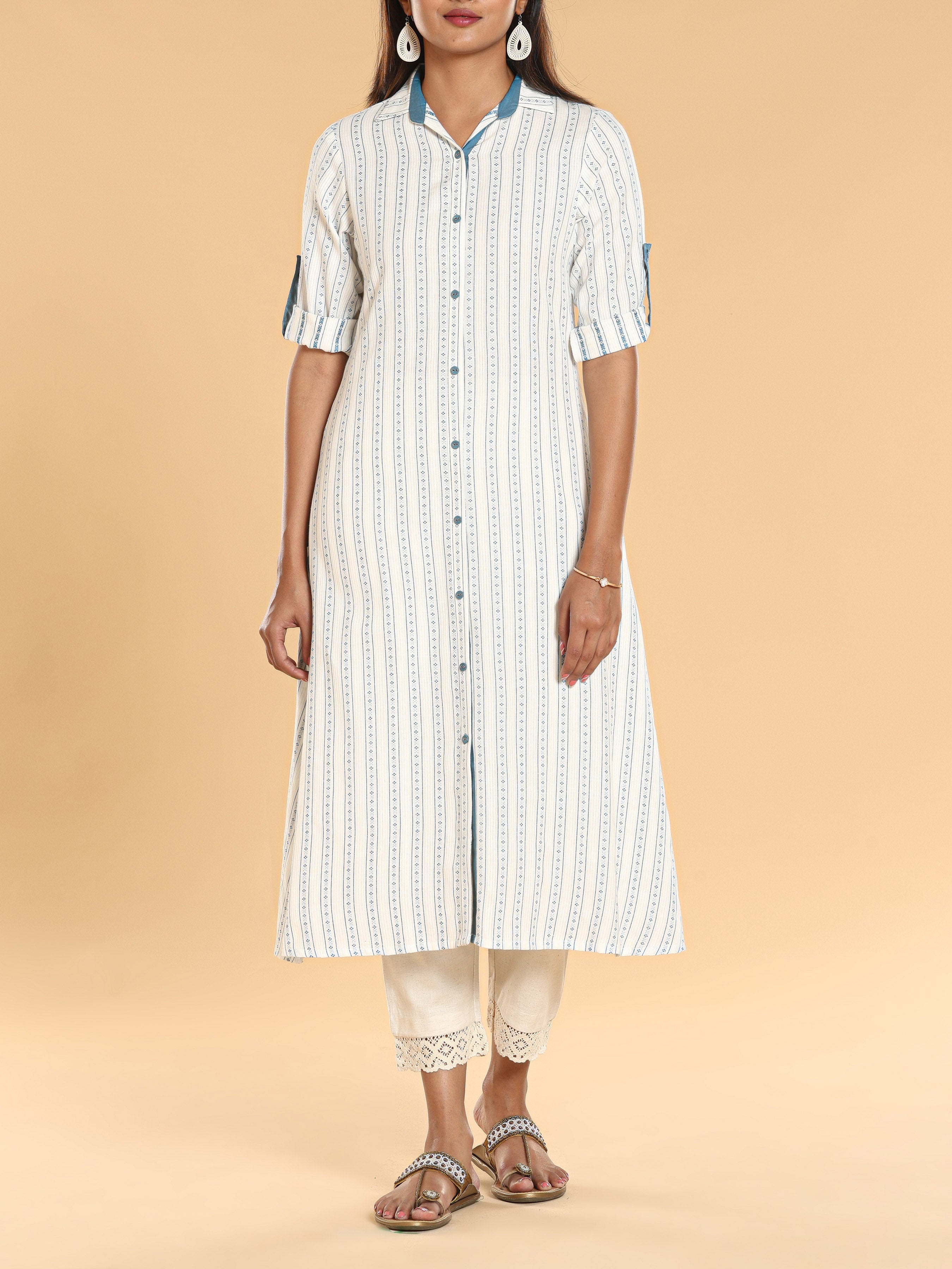 Off White Cotton Dobby Kurti With Button Placket