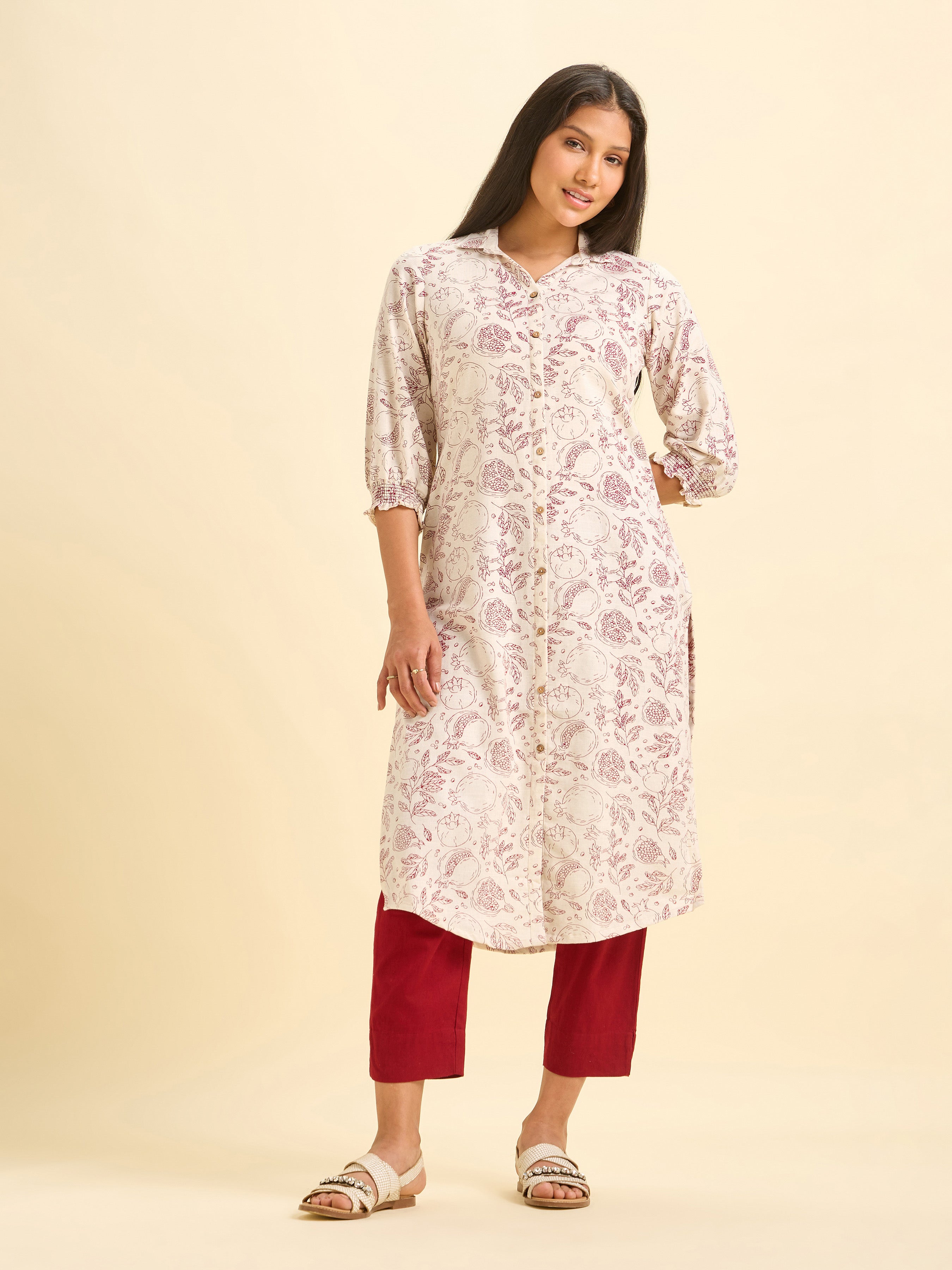 Ivory Cotton Flax Slub Printed Kurti With Samocked Sleeve Cuff