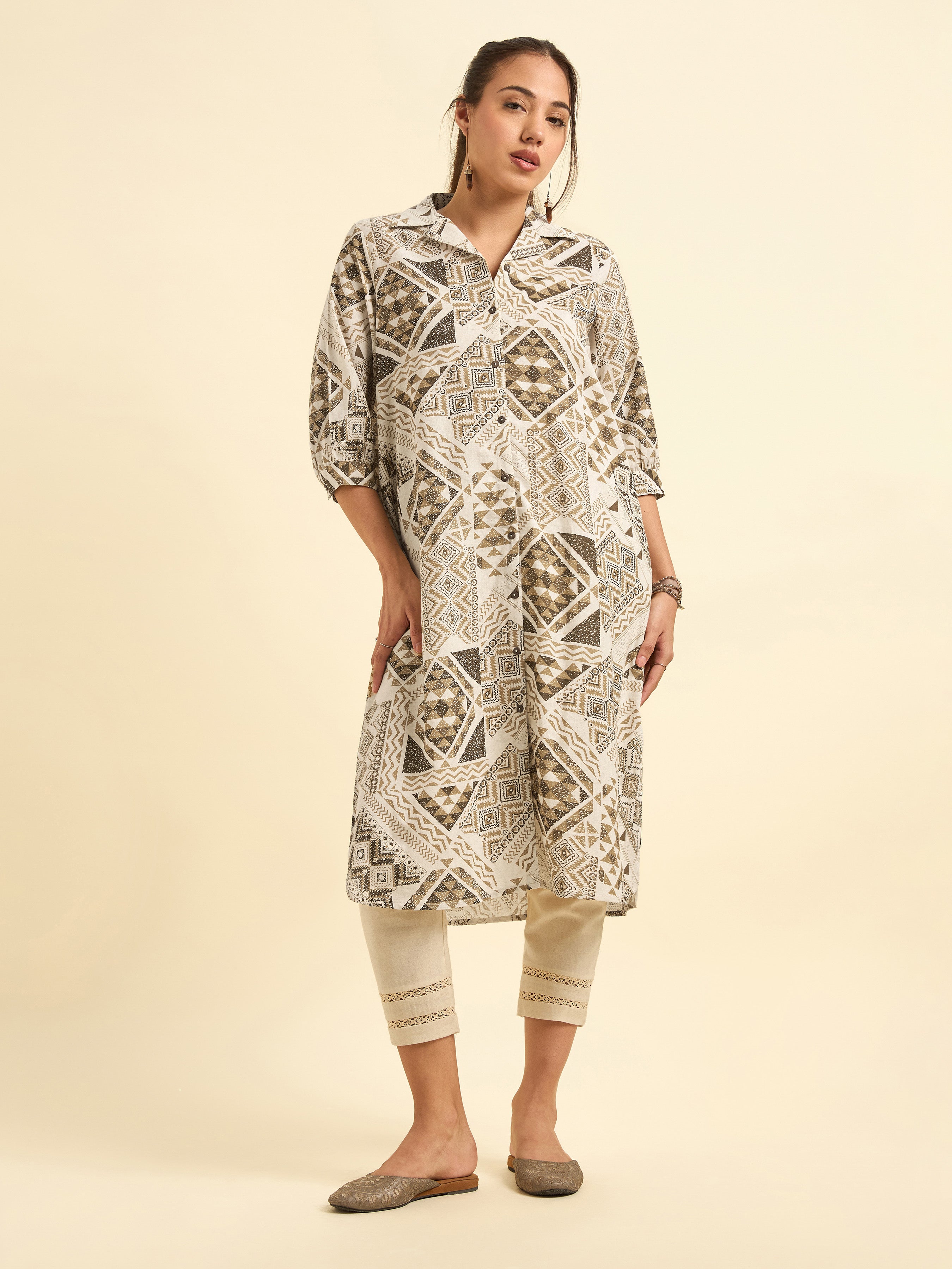 Women Wearing Beige Colour Cotton Flax Printed Slit Kurti With Placket