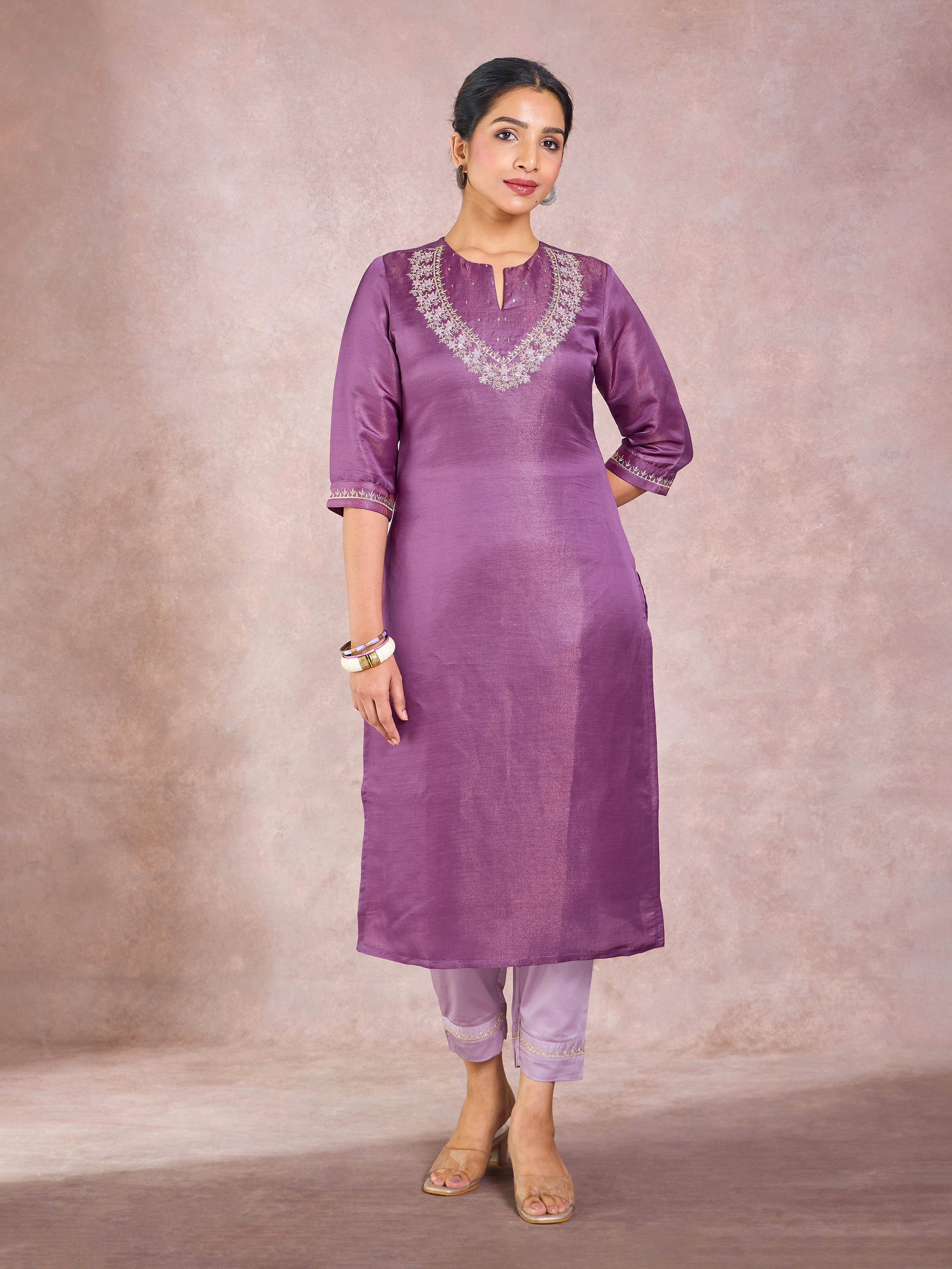 Purple Satin Shimmer Kurti & Bottom Set With Hand Work