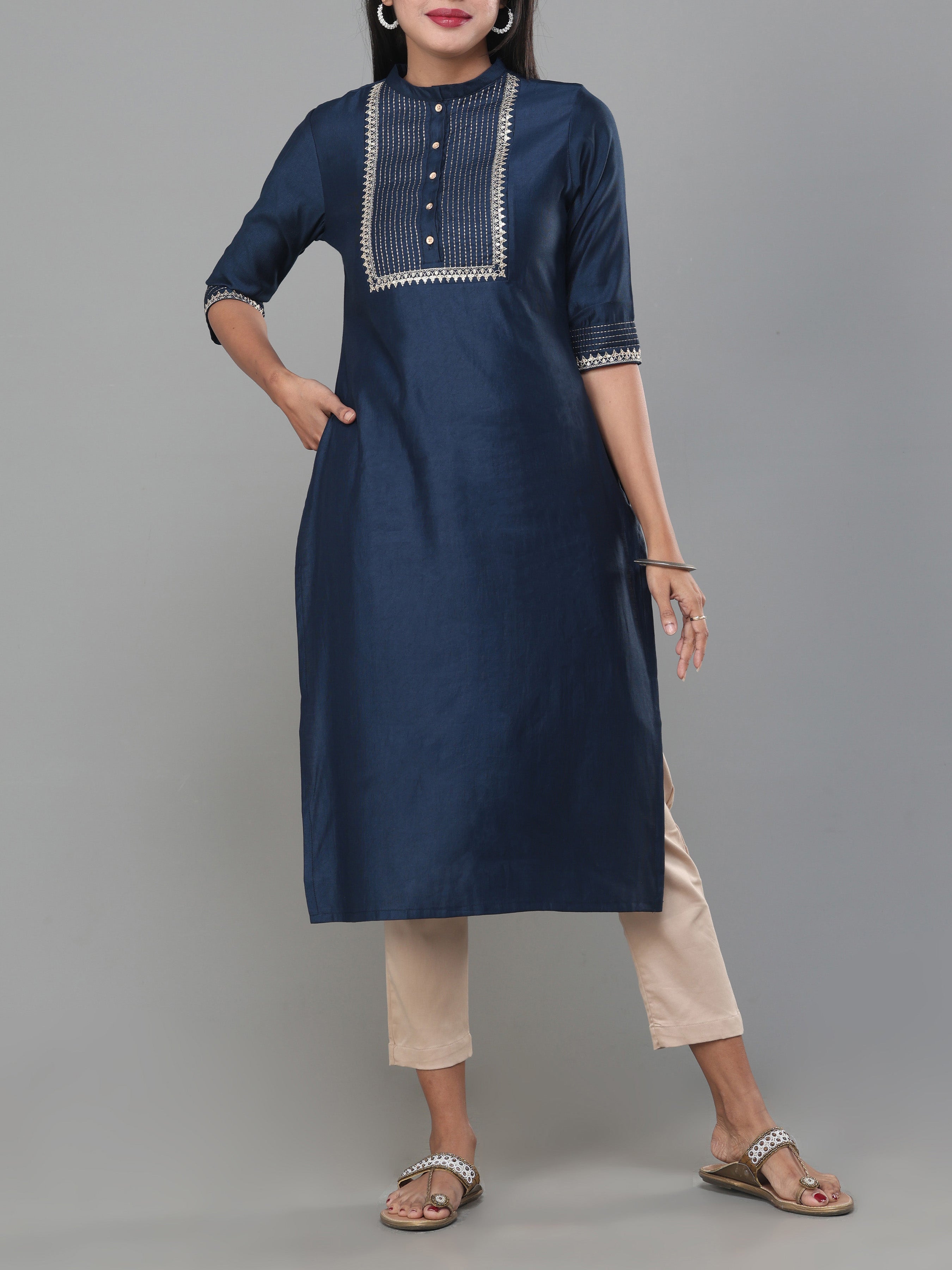 Denim Blue Viscose Kurti With Embroidery