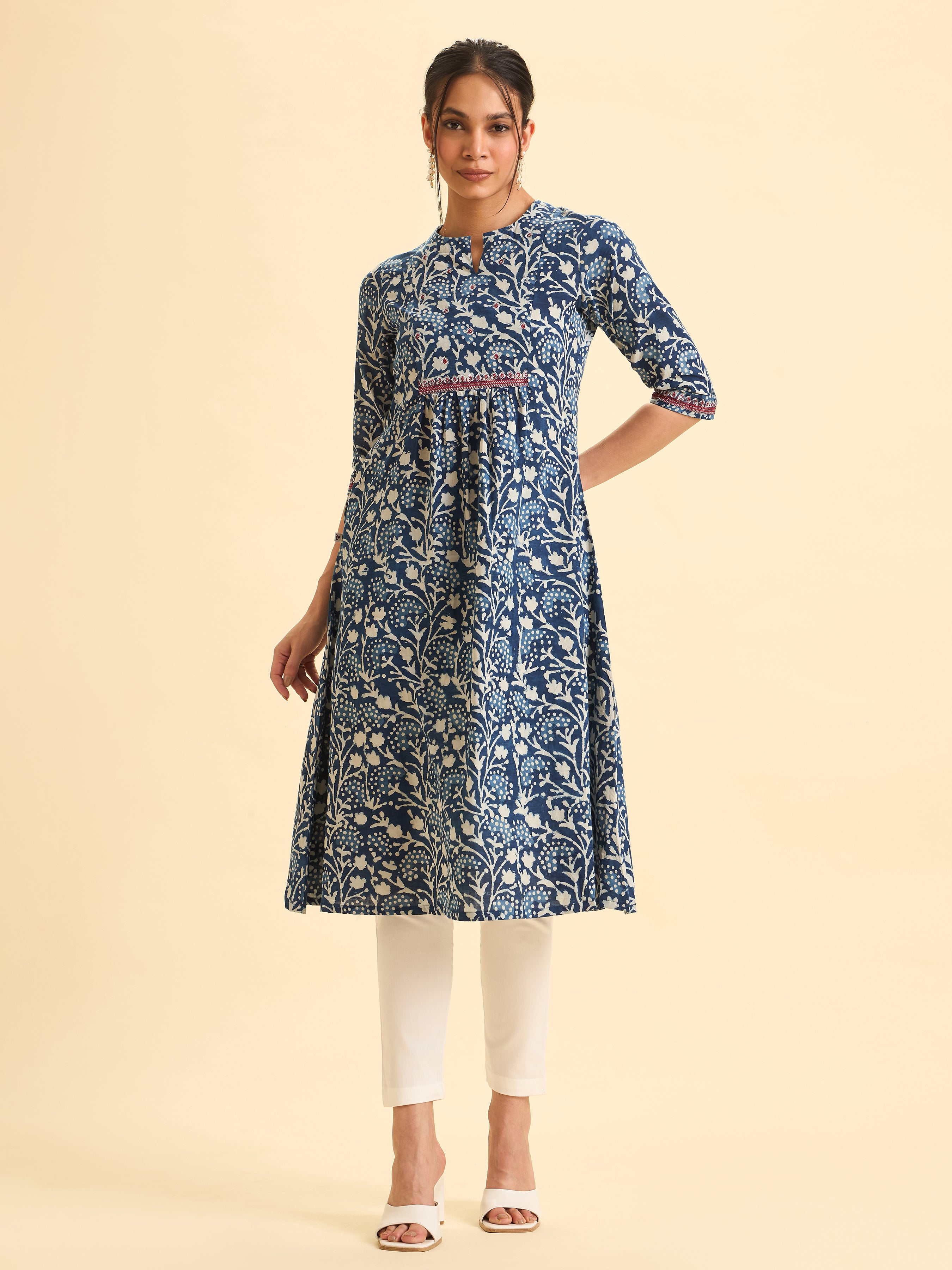 Indigo Blue Pure Cotton Printed Kurti With Embroidery And Sequins Work