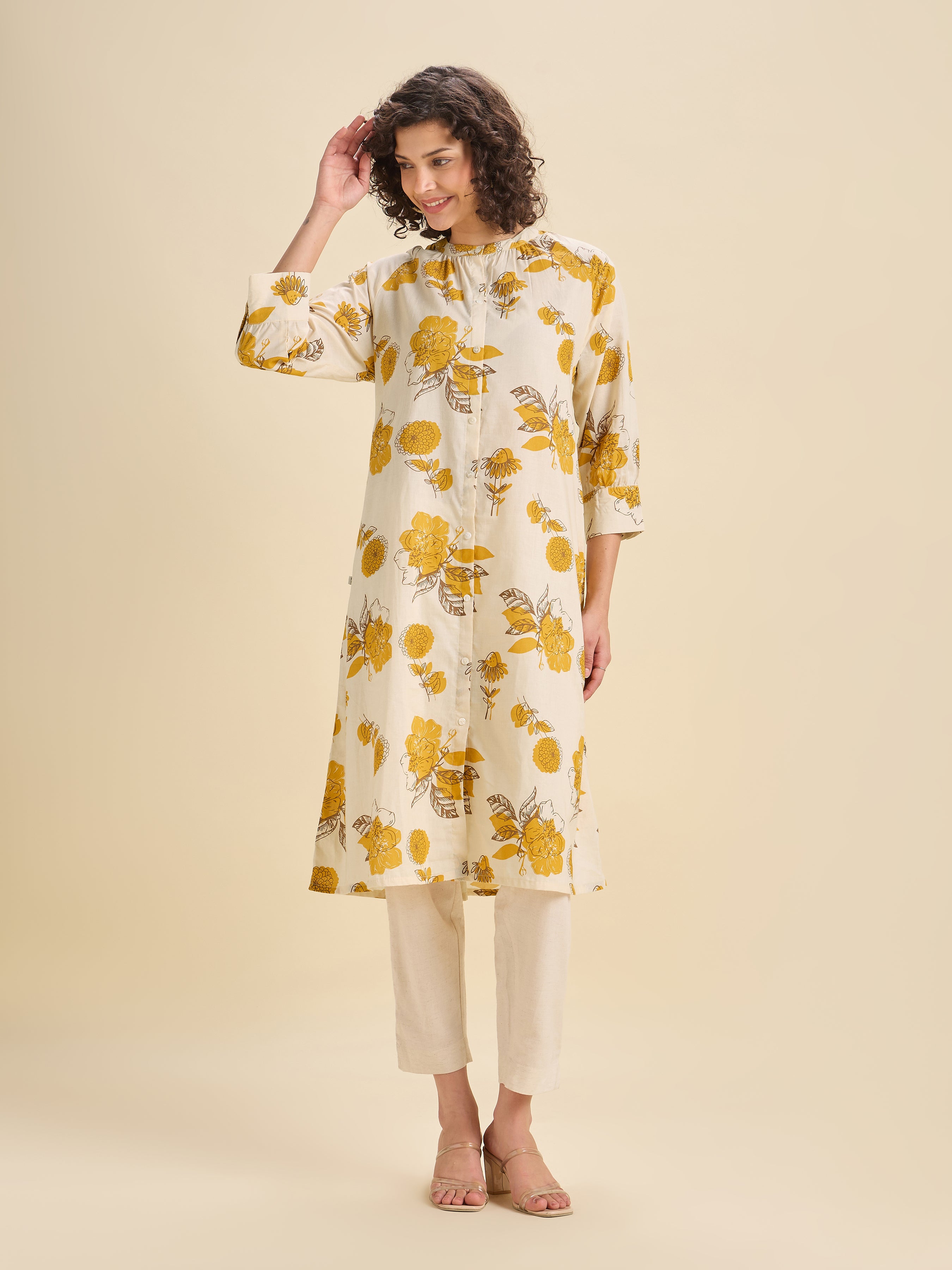 Ivory And Mustard Cotton Printed Kurti With Raglan Sleeve
