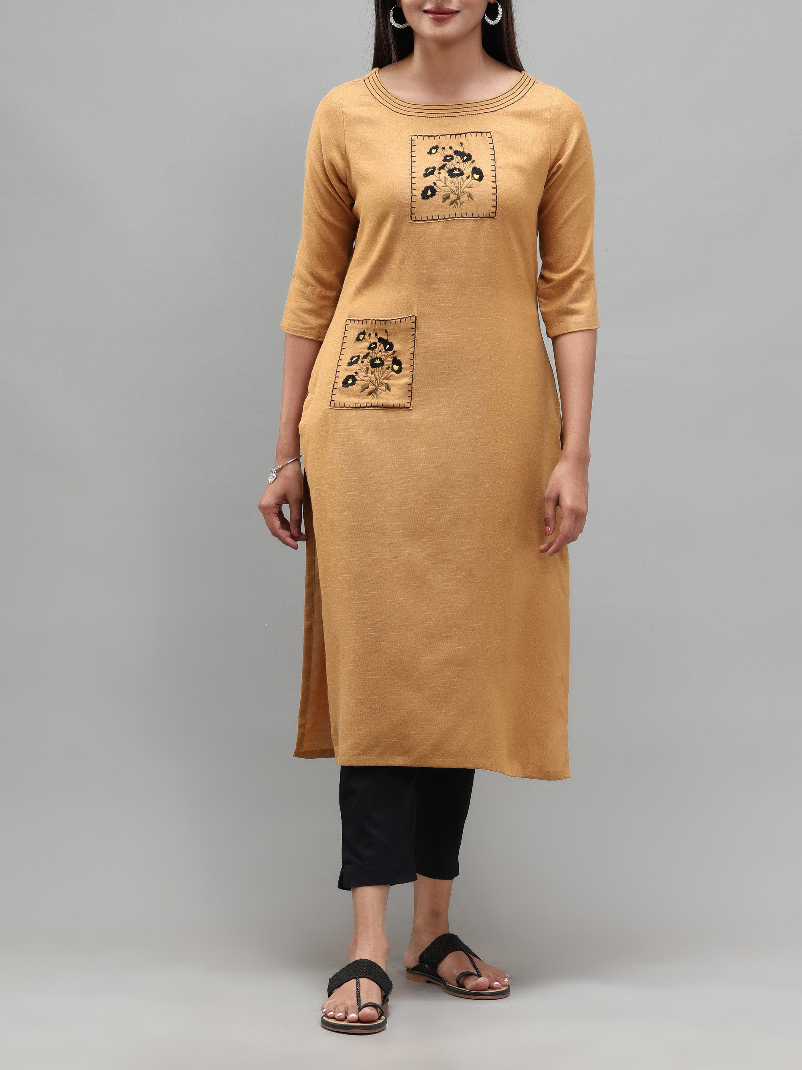 Mustard Yellow Viscose Plain Kurti With Embroidery