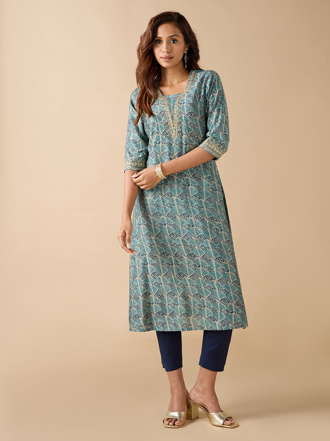 Teal Modal Chanderi Geometrical Printed Kurti With Sequins Embroidery