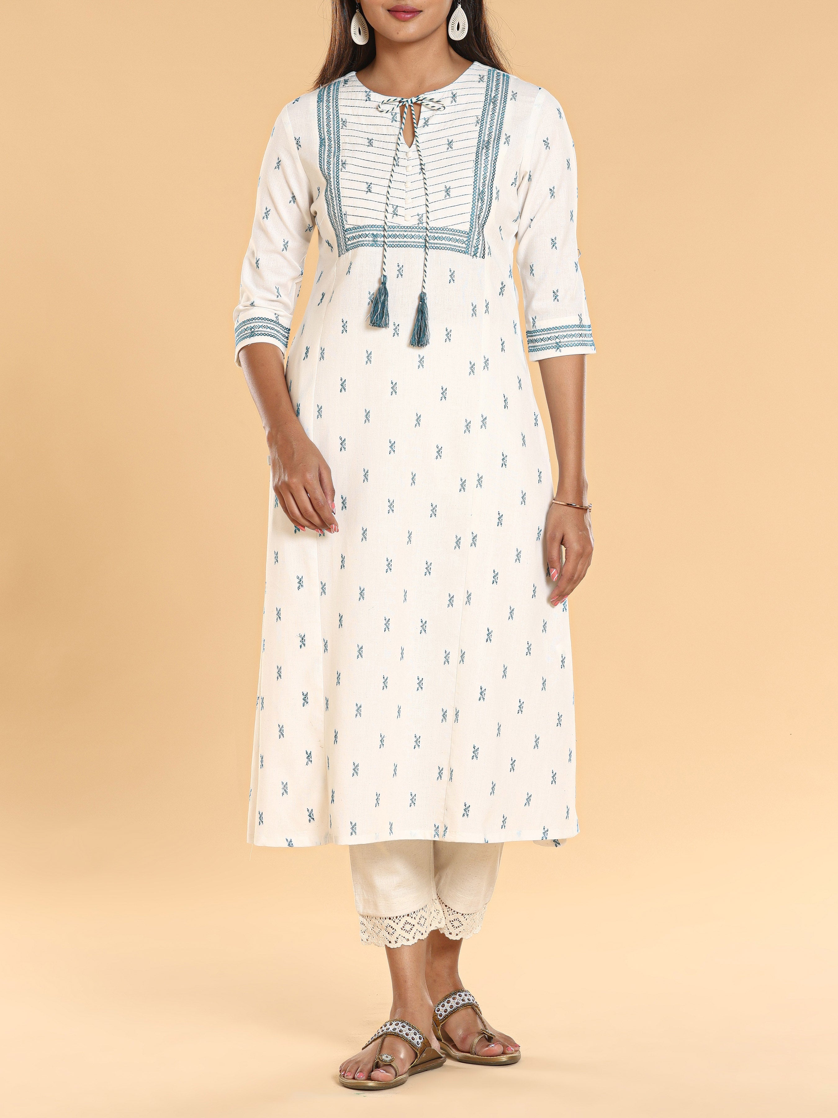 Ivory Cotton Dobby Printed Kurti With Embroidery