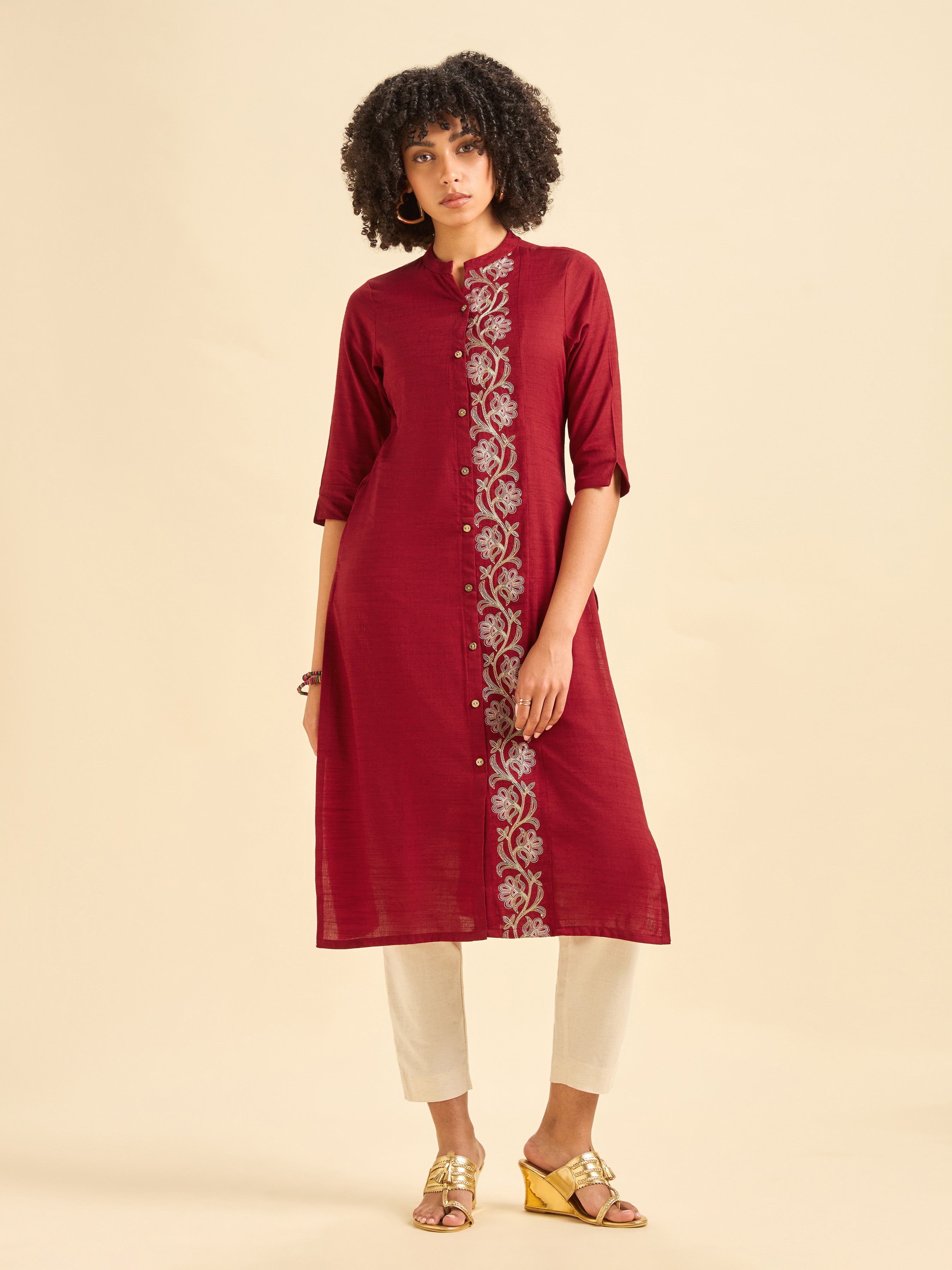 Red Cotton Viscose Kurti With Embroidery