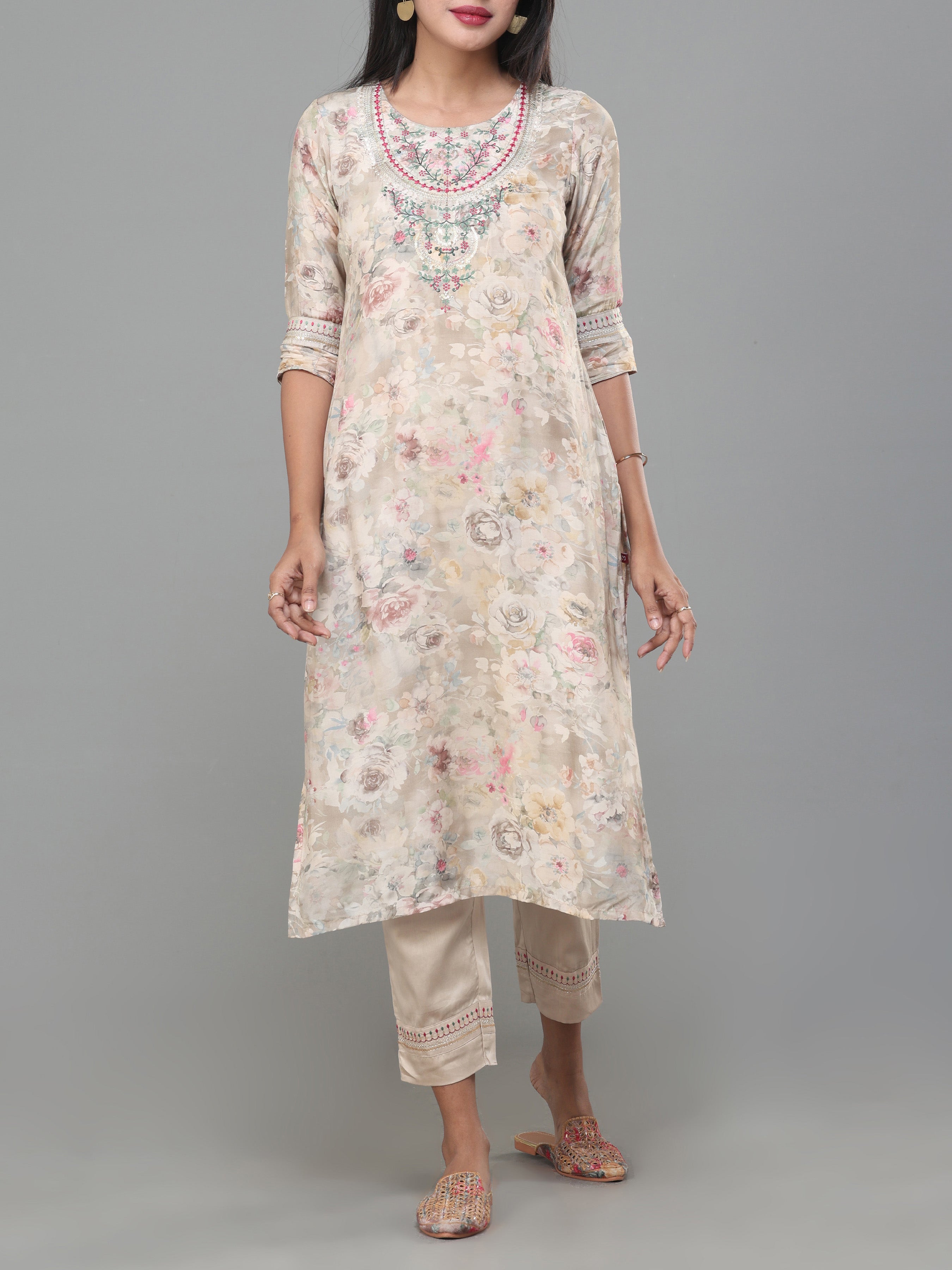 Multi Colour Muslin Printed Kurti With Sequins Work and Matching Bottom