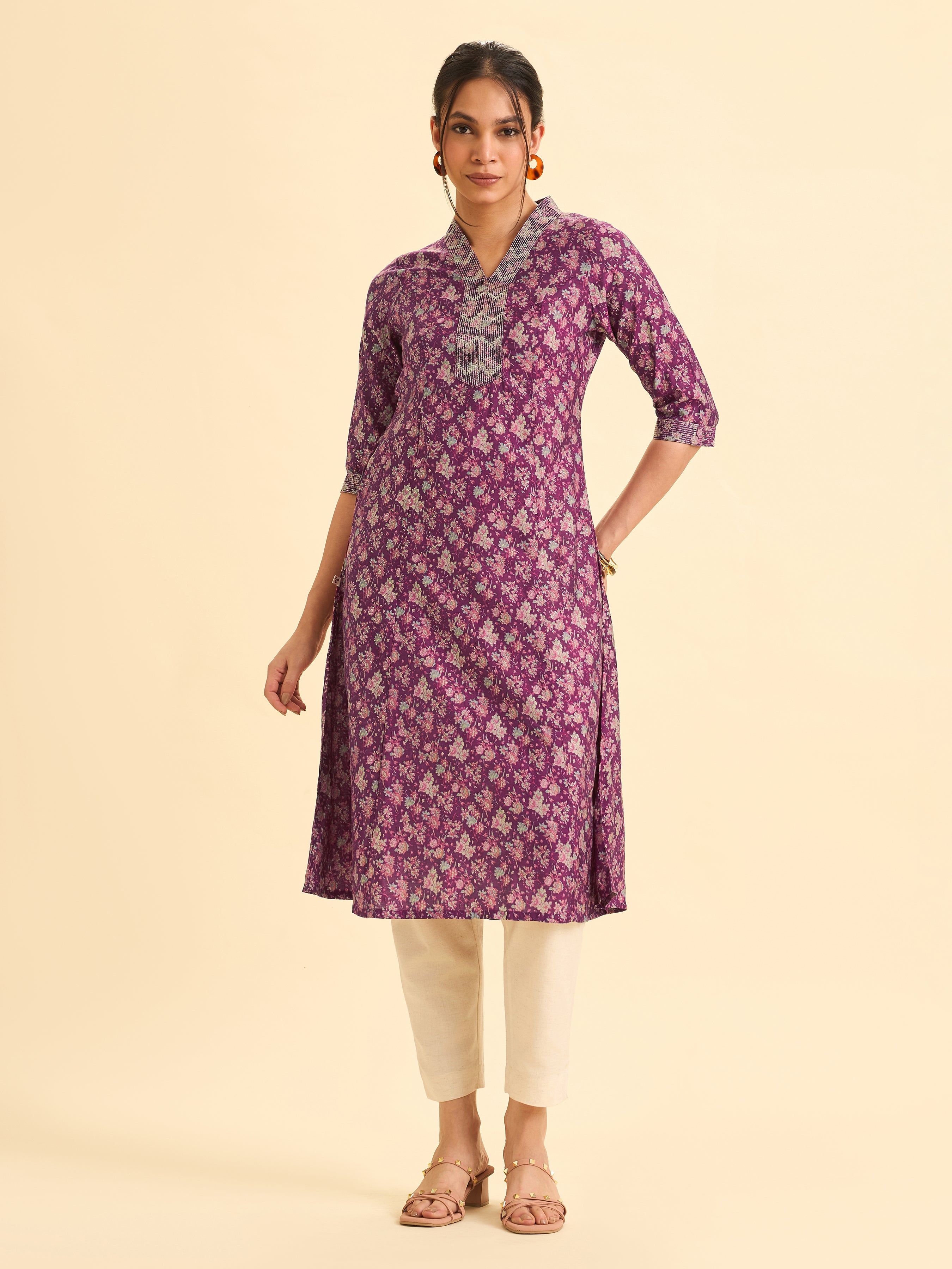 Wine Red Modal Chanderi Printed Flared Princess Cut Kurti With Embroidery