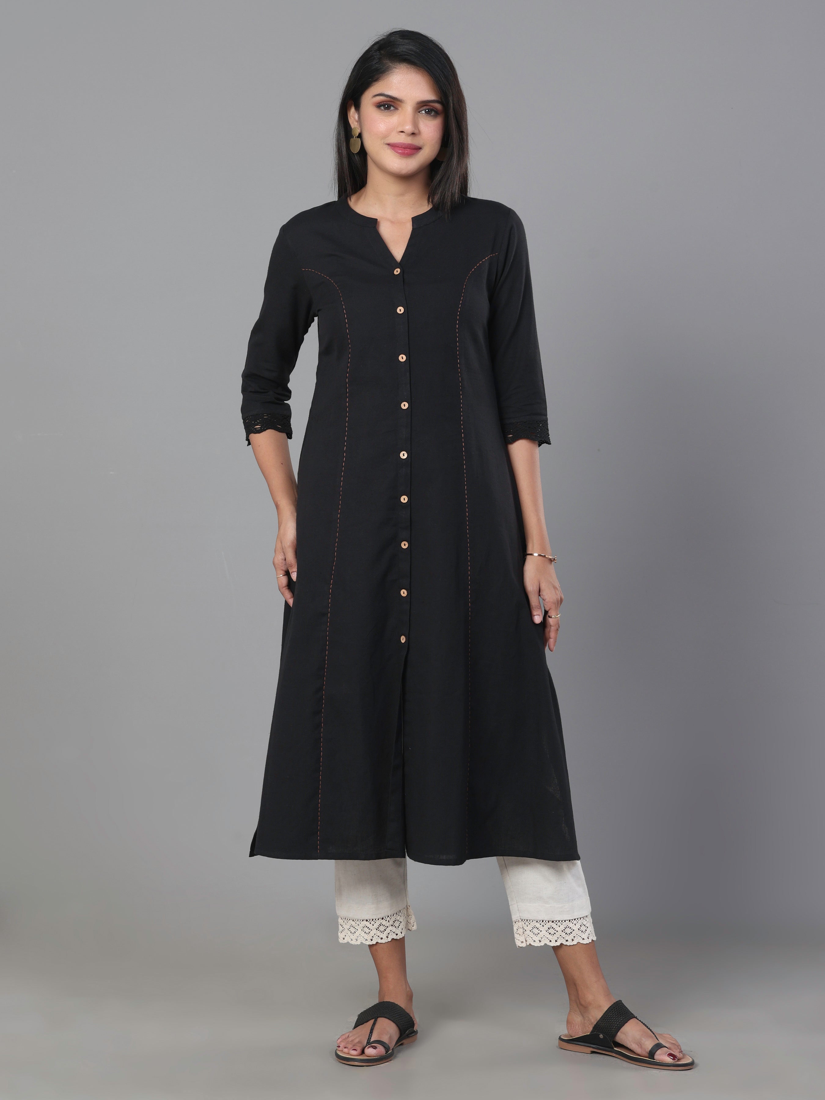Black Cotton Flax Plain Kurti With Button Placket
