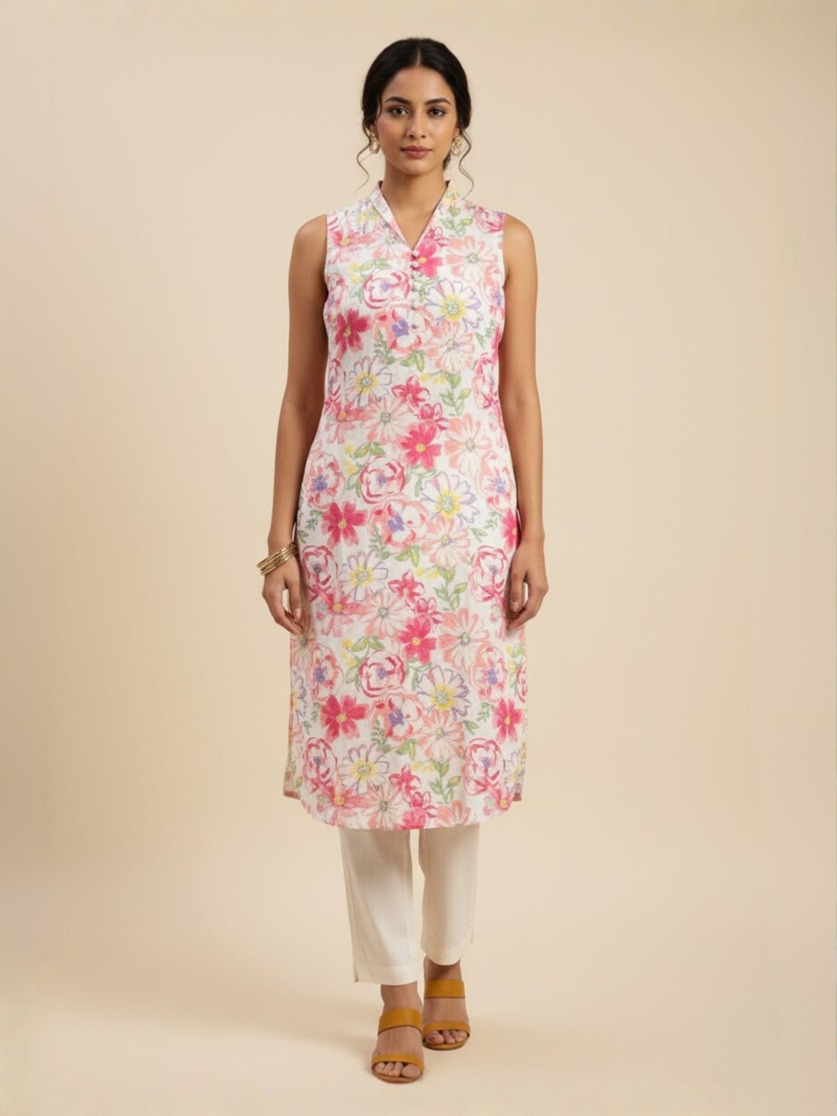 Ivory Multicolour Cotton Flax Printed Slited Kurti With Liberty Cut