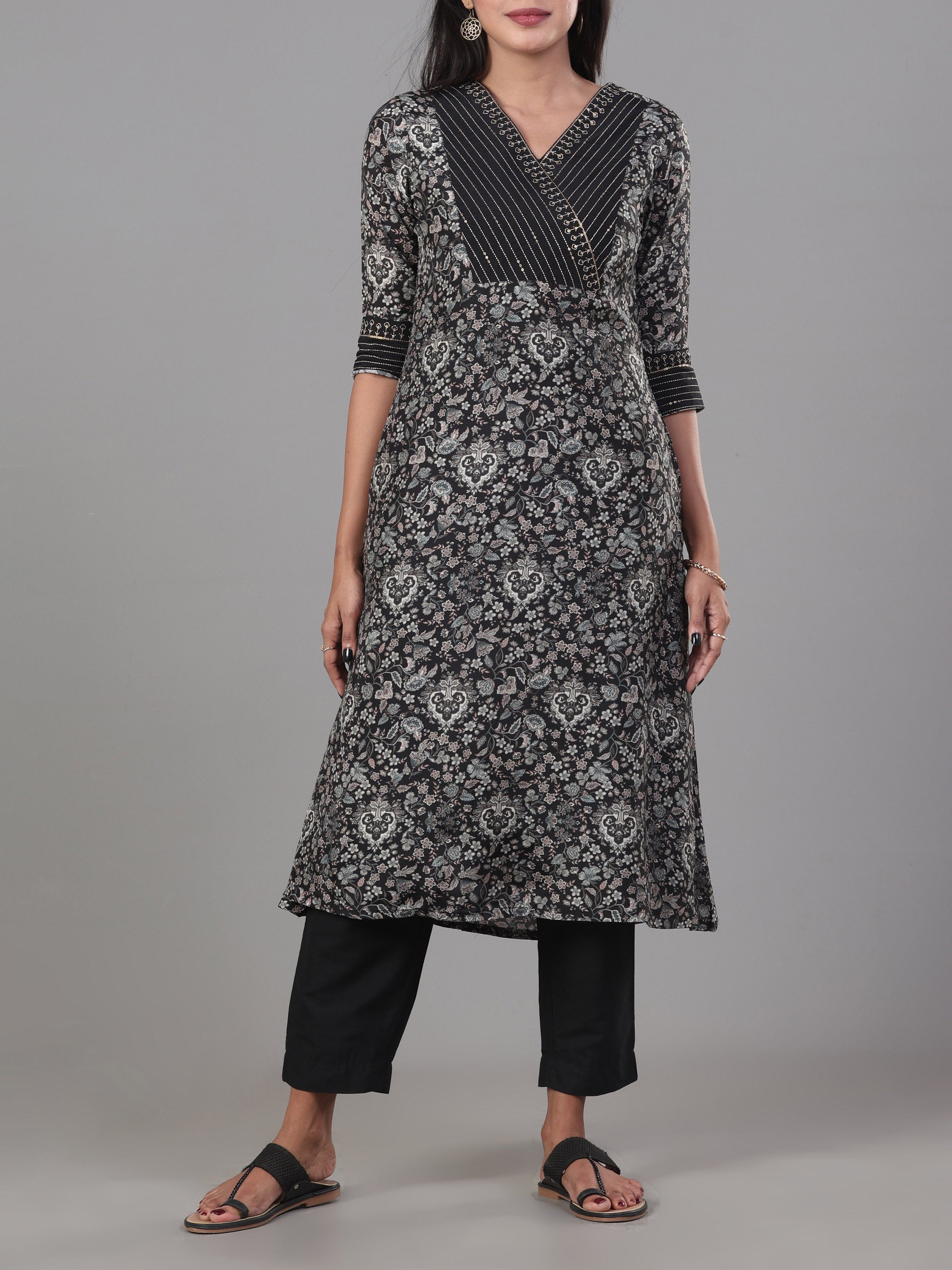 Multi Colour Muslin Printed Kurti With Embroidery And Matching Bottom