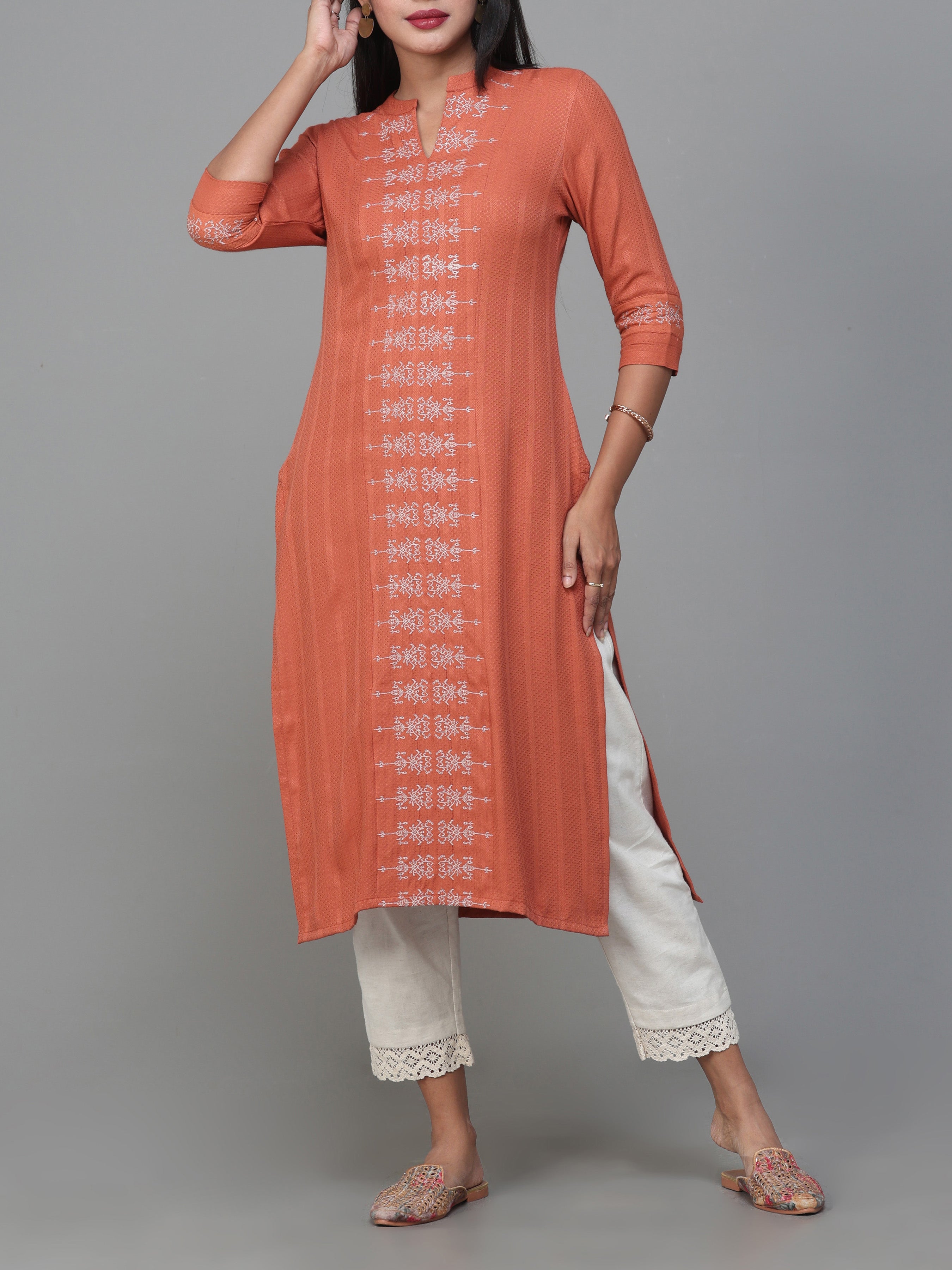 Rust Orange Viscos Jaquard Kurti With Embroidery