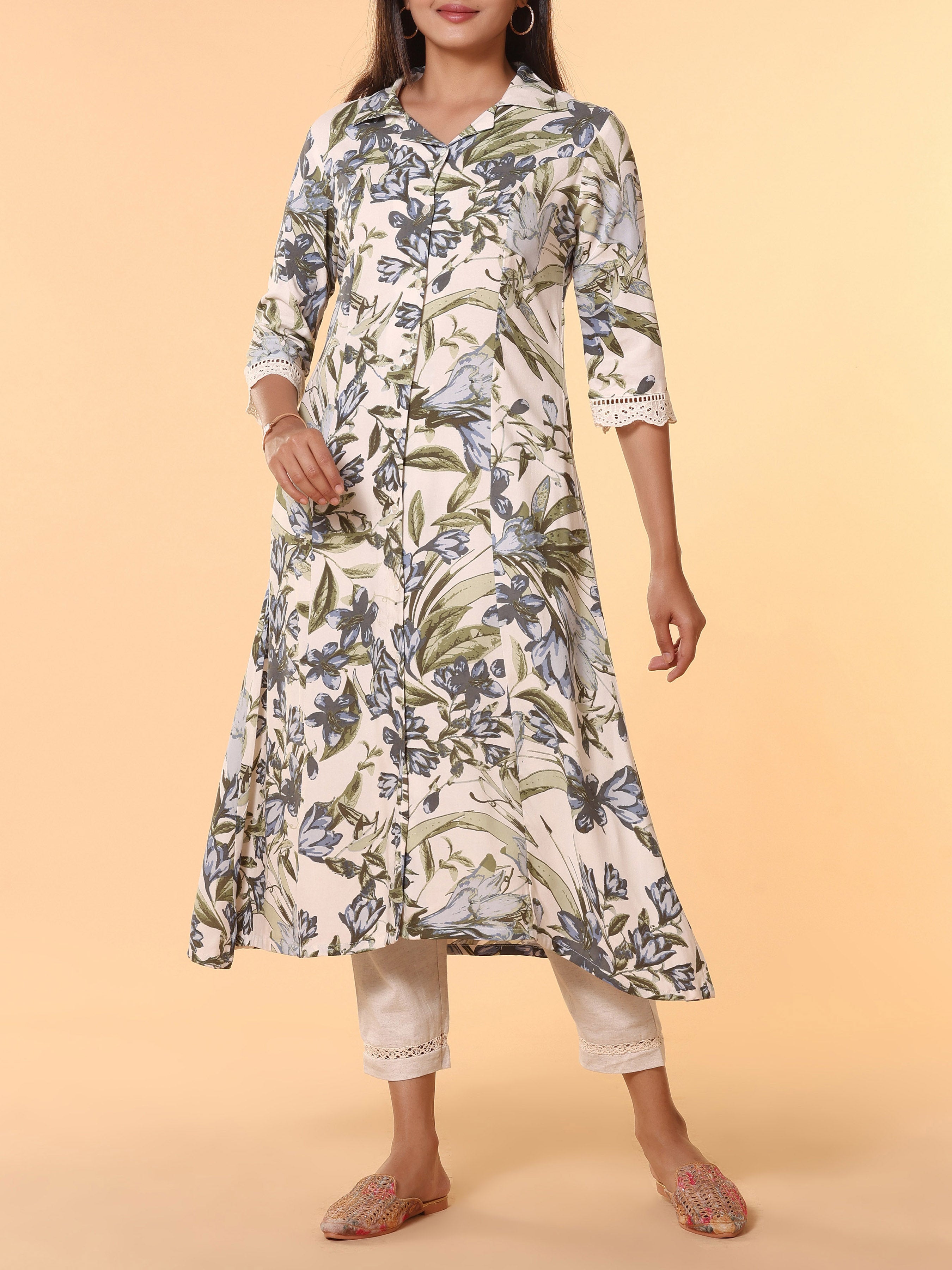 Multicolour Viscose Printed Kurti With Lace Detailing