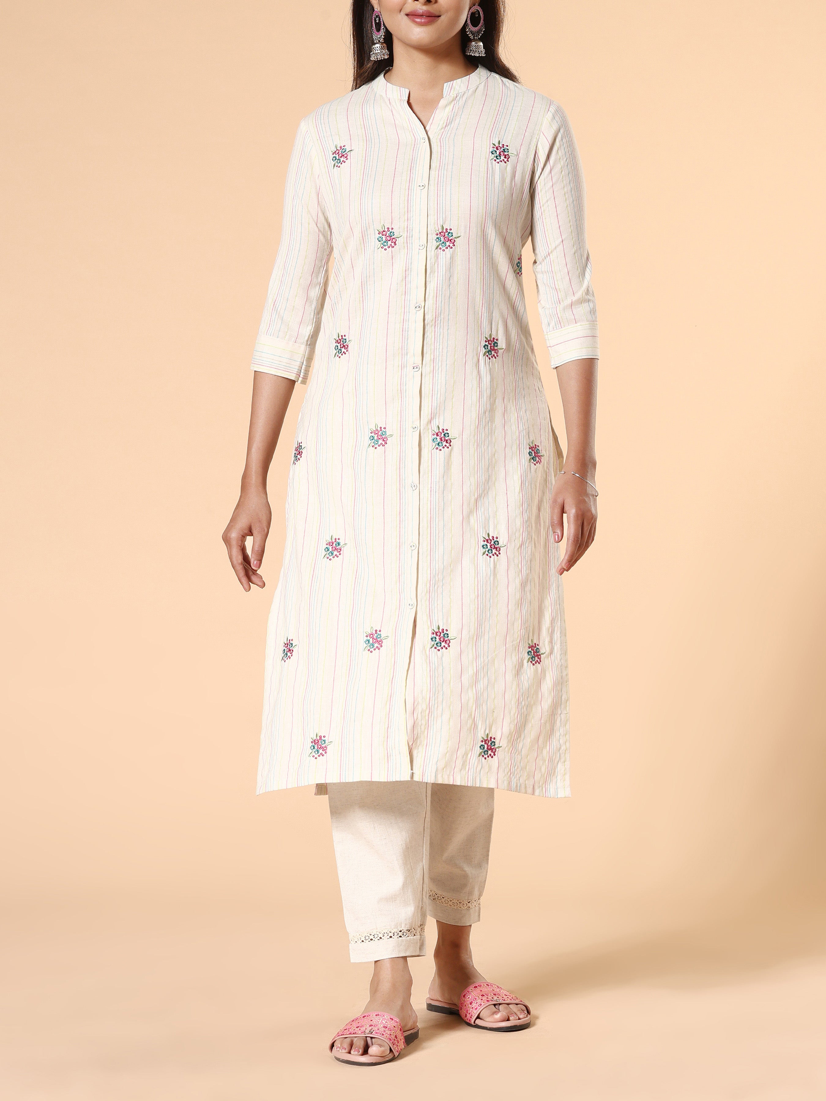 Ivory Cotton Striped Kurti With Embroidery