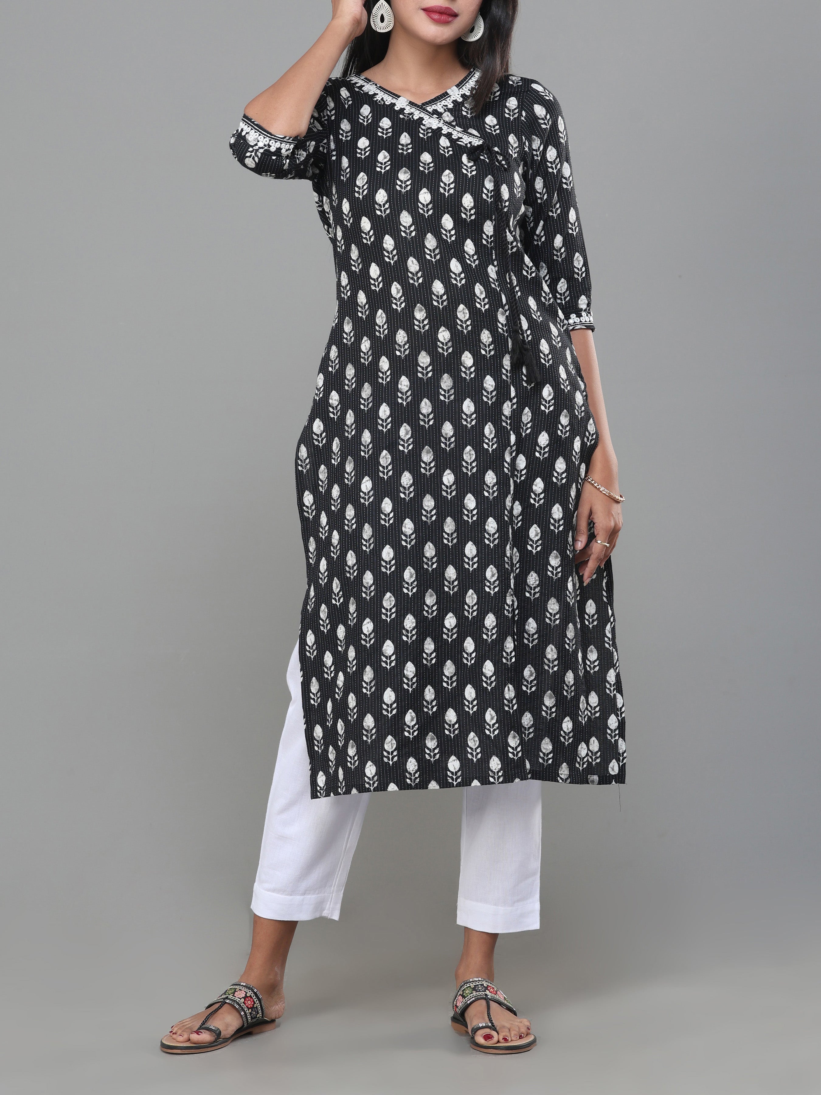 Black Cotton Dobby Printed Kurti With Embroidery