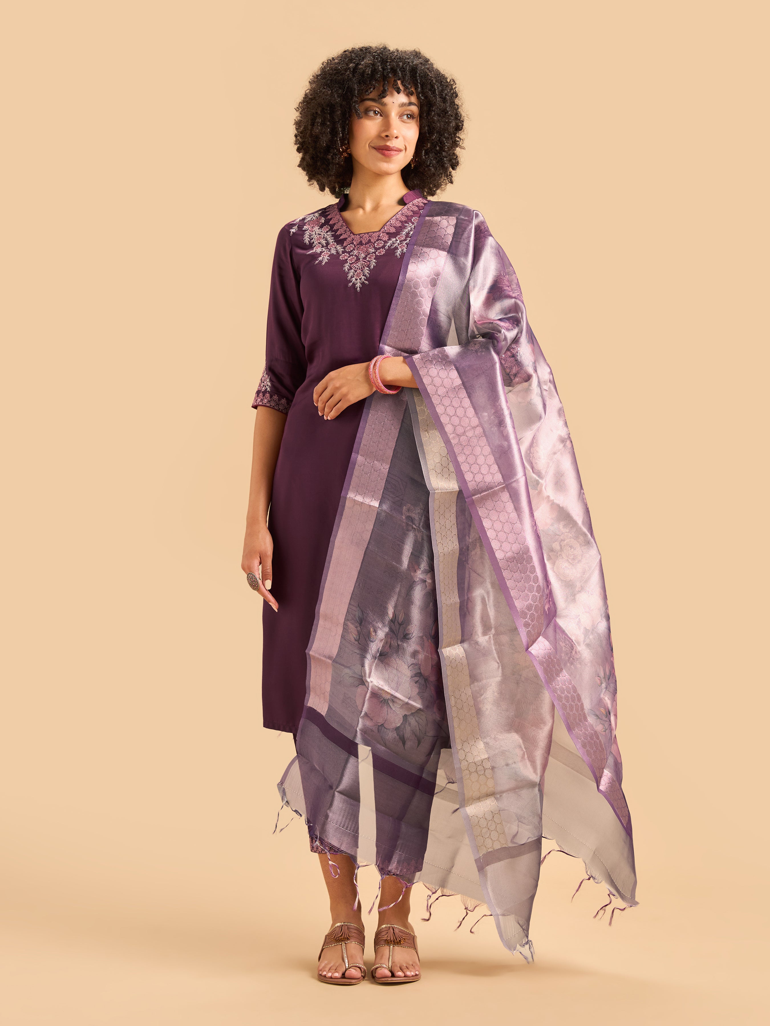 Magenta Modal Satin Kurti Set & Dupatta With Sequins Embroidery