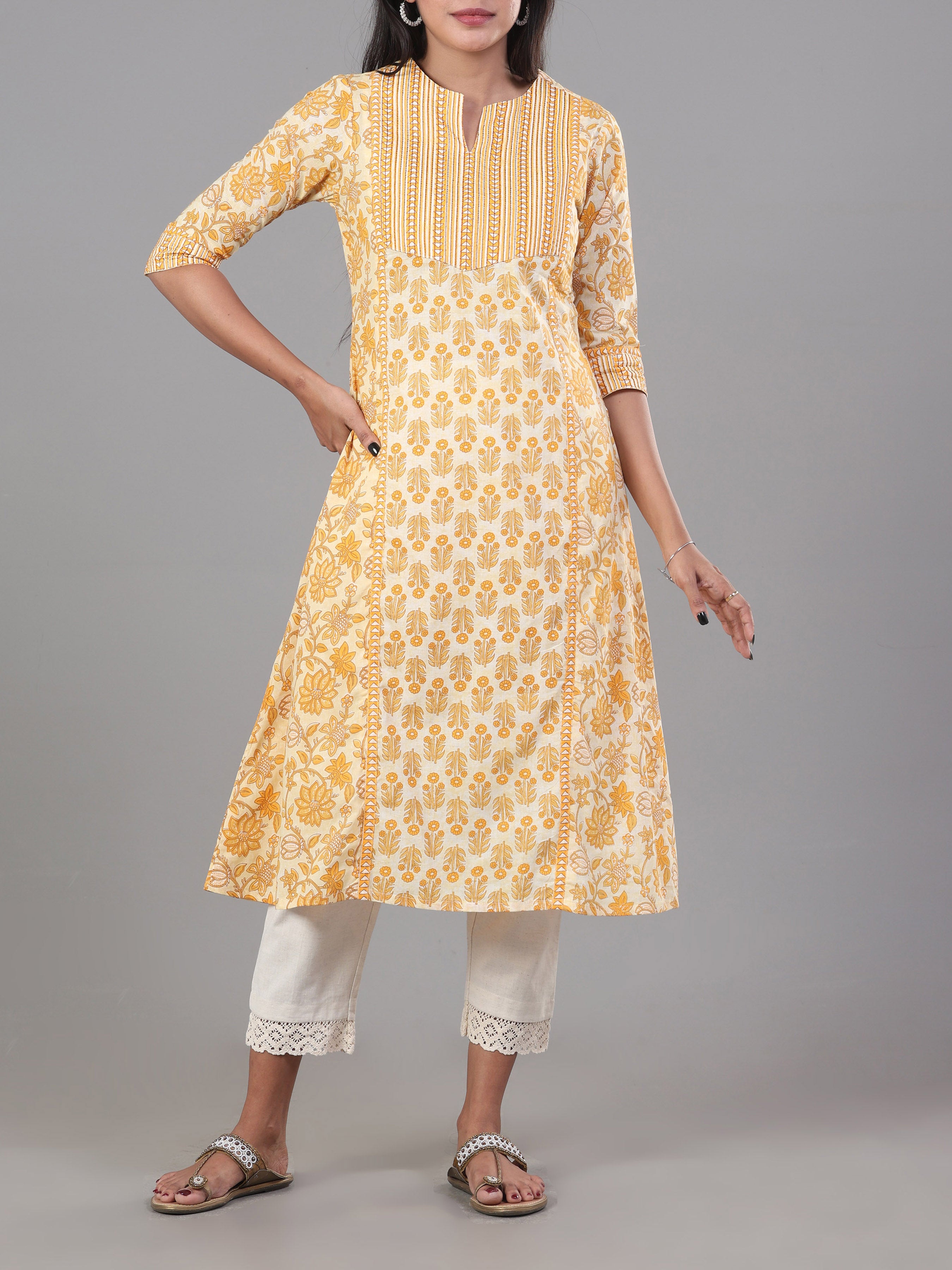White Pure Cotton Printed Kurti With Embroidery