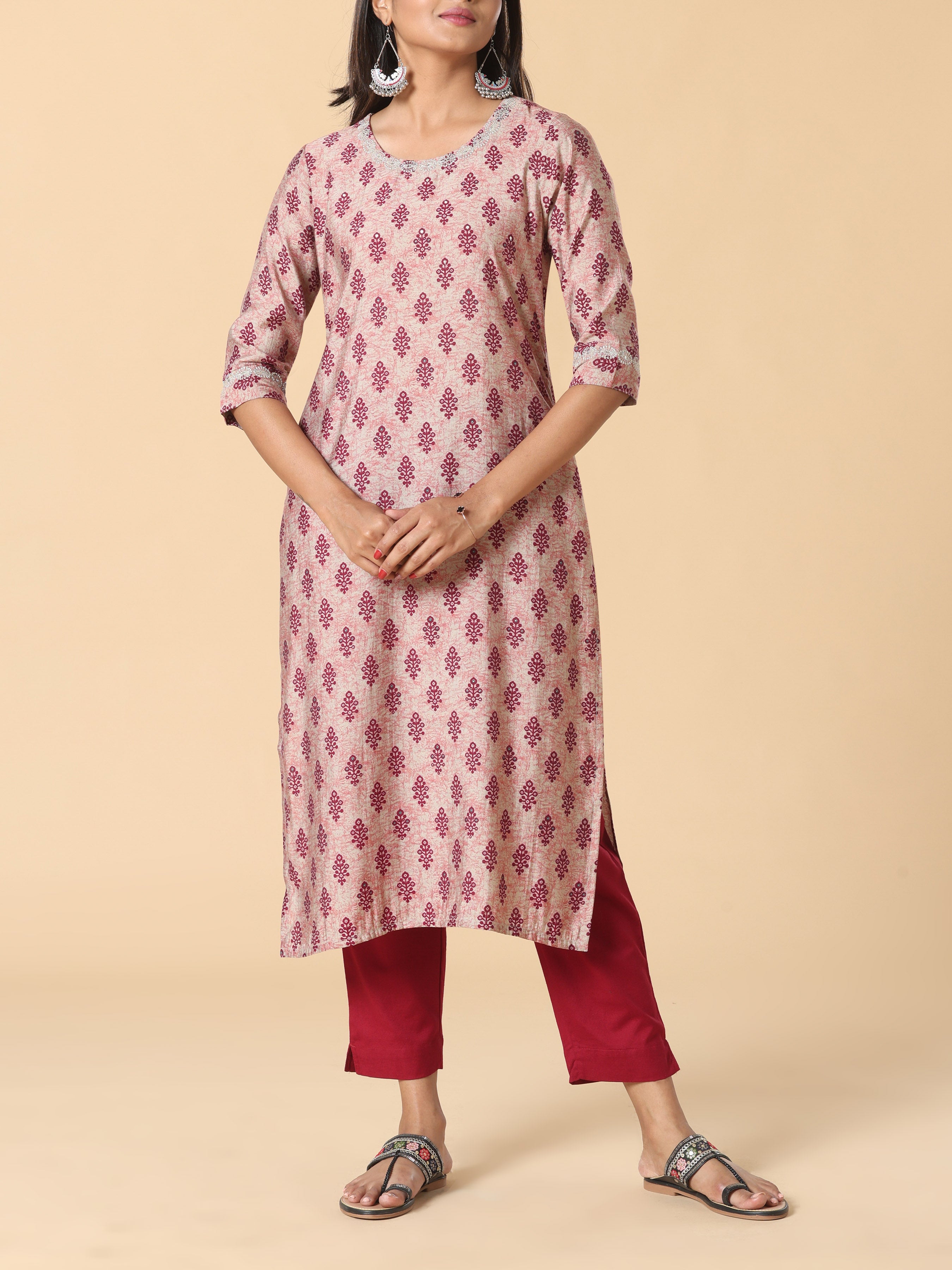 Wine Red Modal Chanderi Kurti With Sequins Work And Embroidery