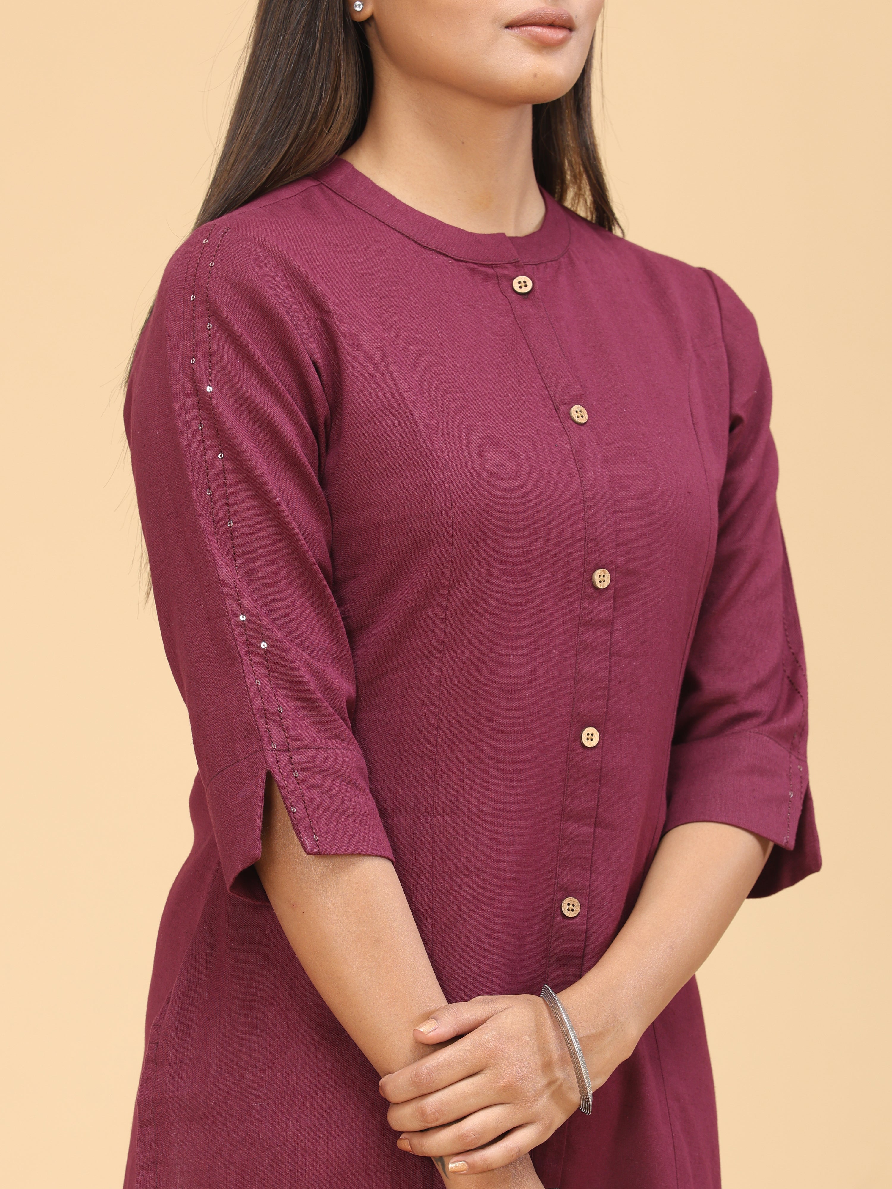 Claret Pink Cotton Kurti With Button Placket