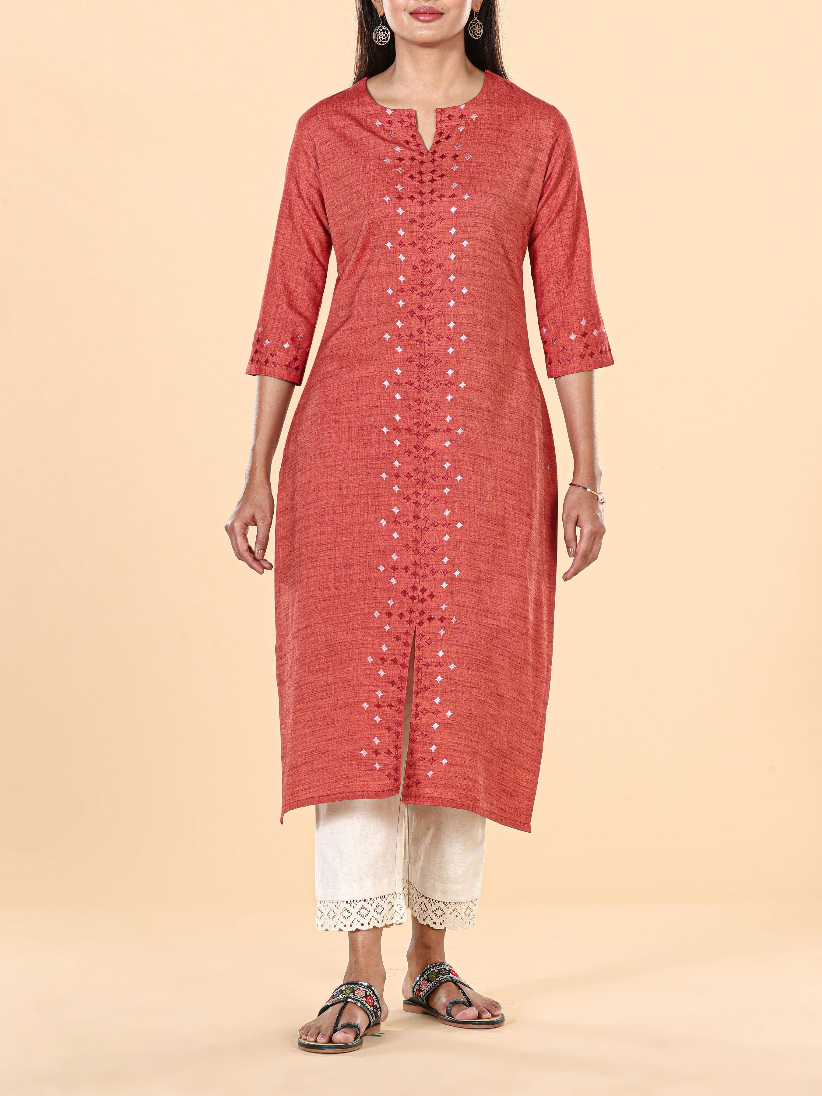 Brick Brown Viscose Kurti With Embroidery