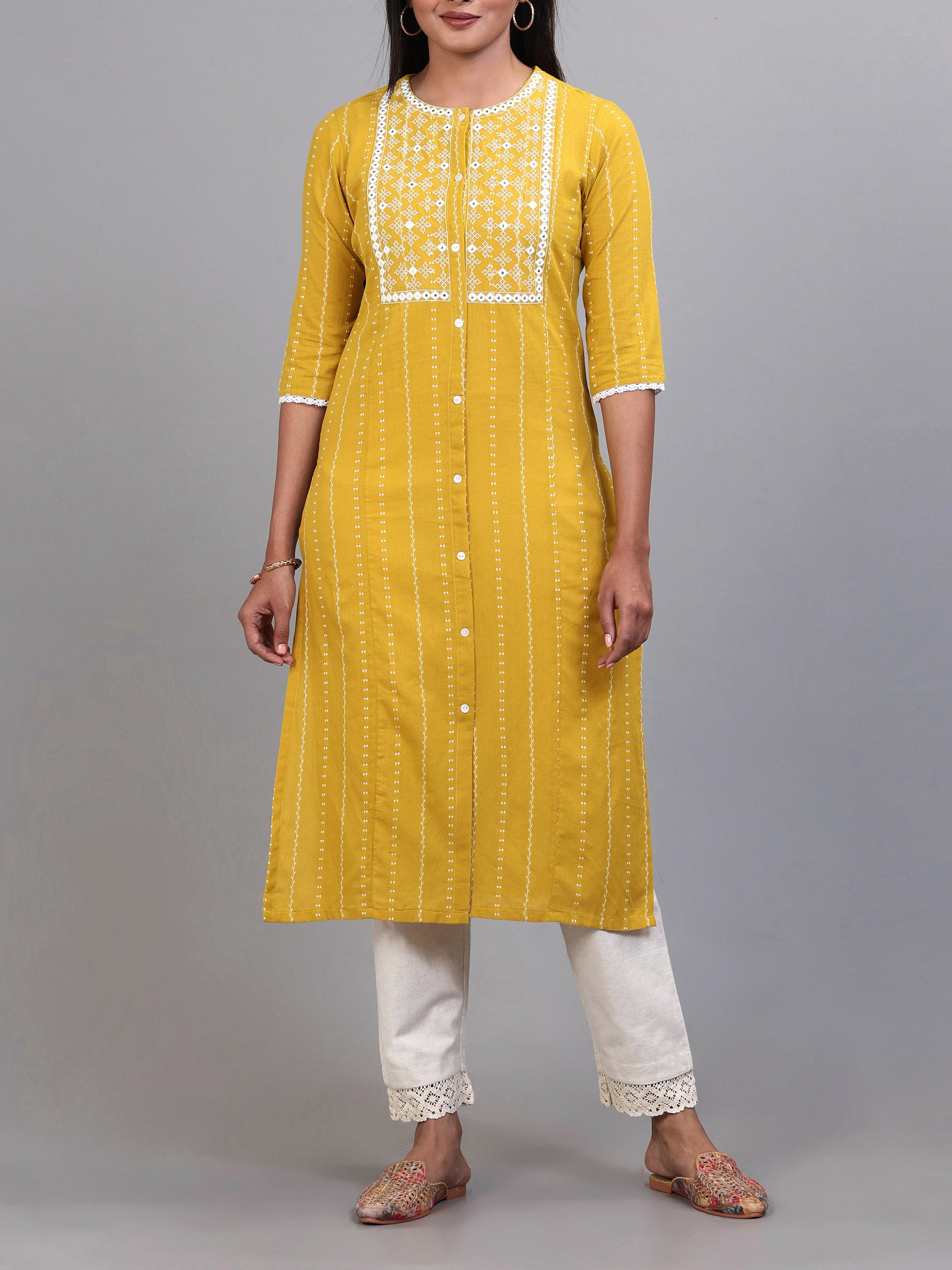 Mustard Yellow Cotton Dobby Kurti With Embroidery